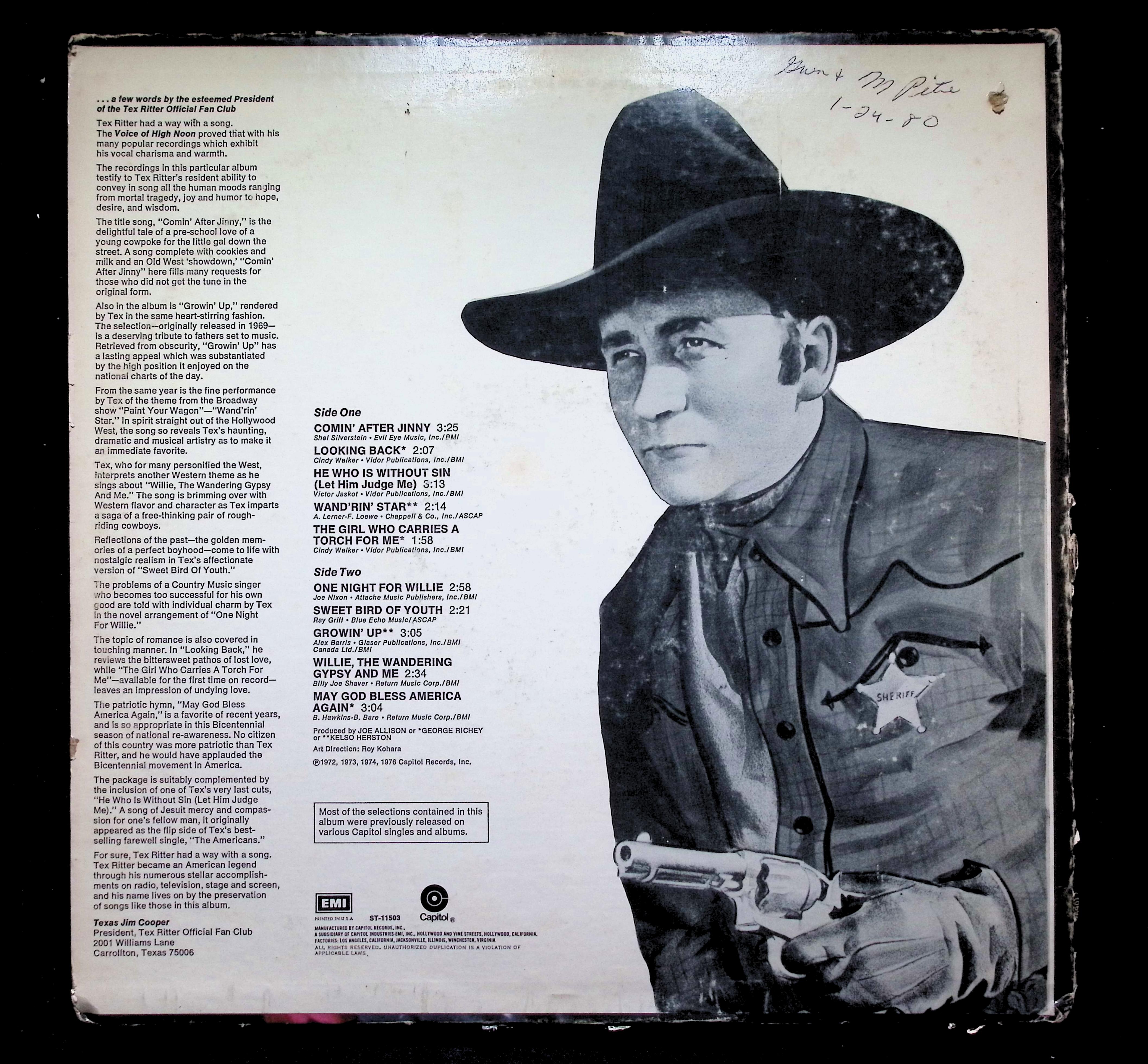 Tex Ritter Comin' After Jinny LP 1976 Capitol Country — image 2