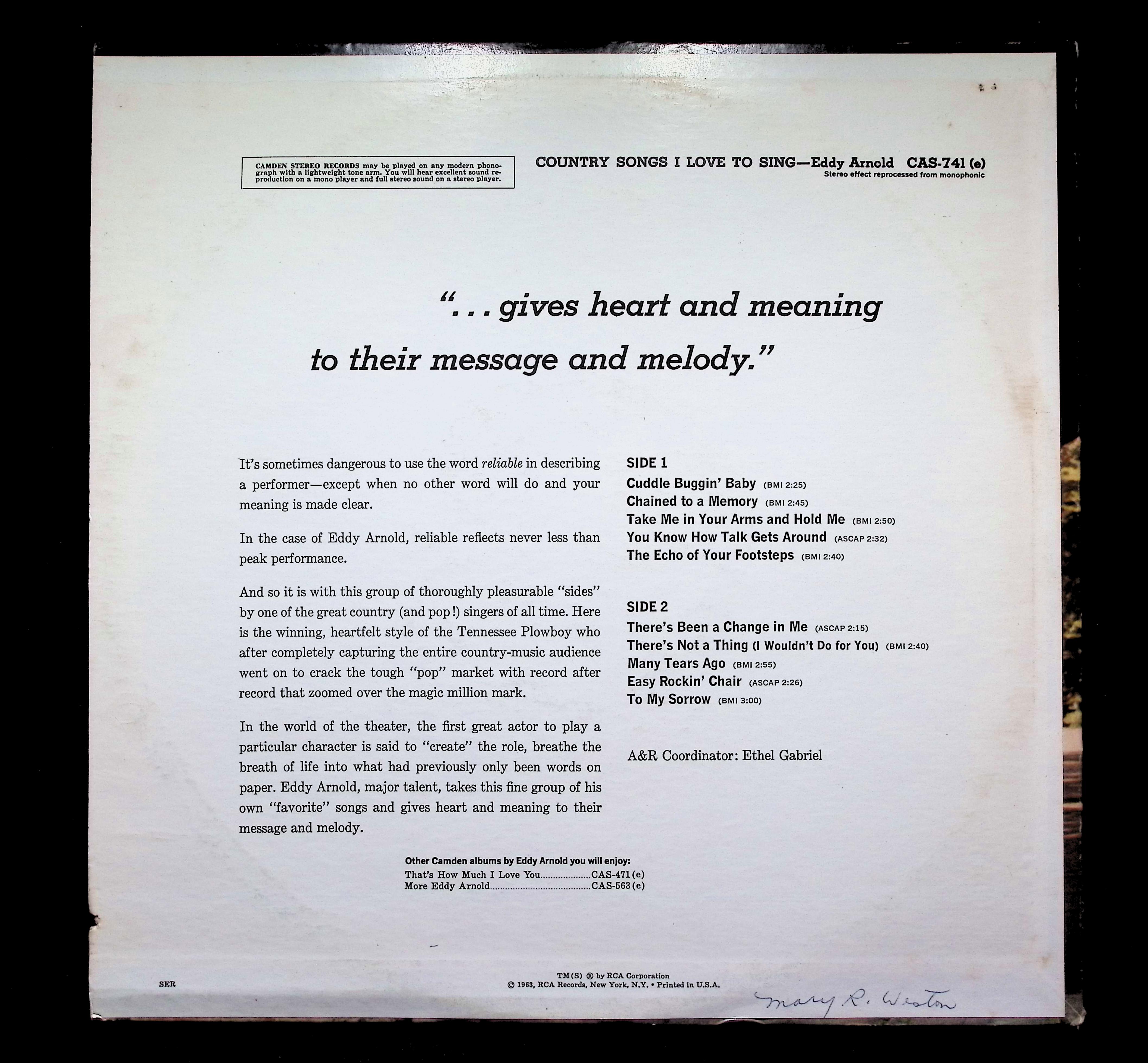 Eddy Arnold Country Songs I Love To Sing LP 1963 RCA Camden — image 2