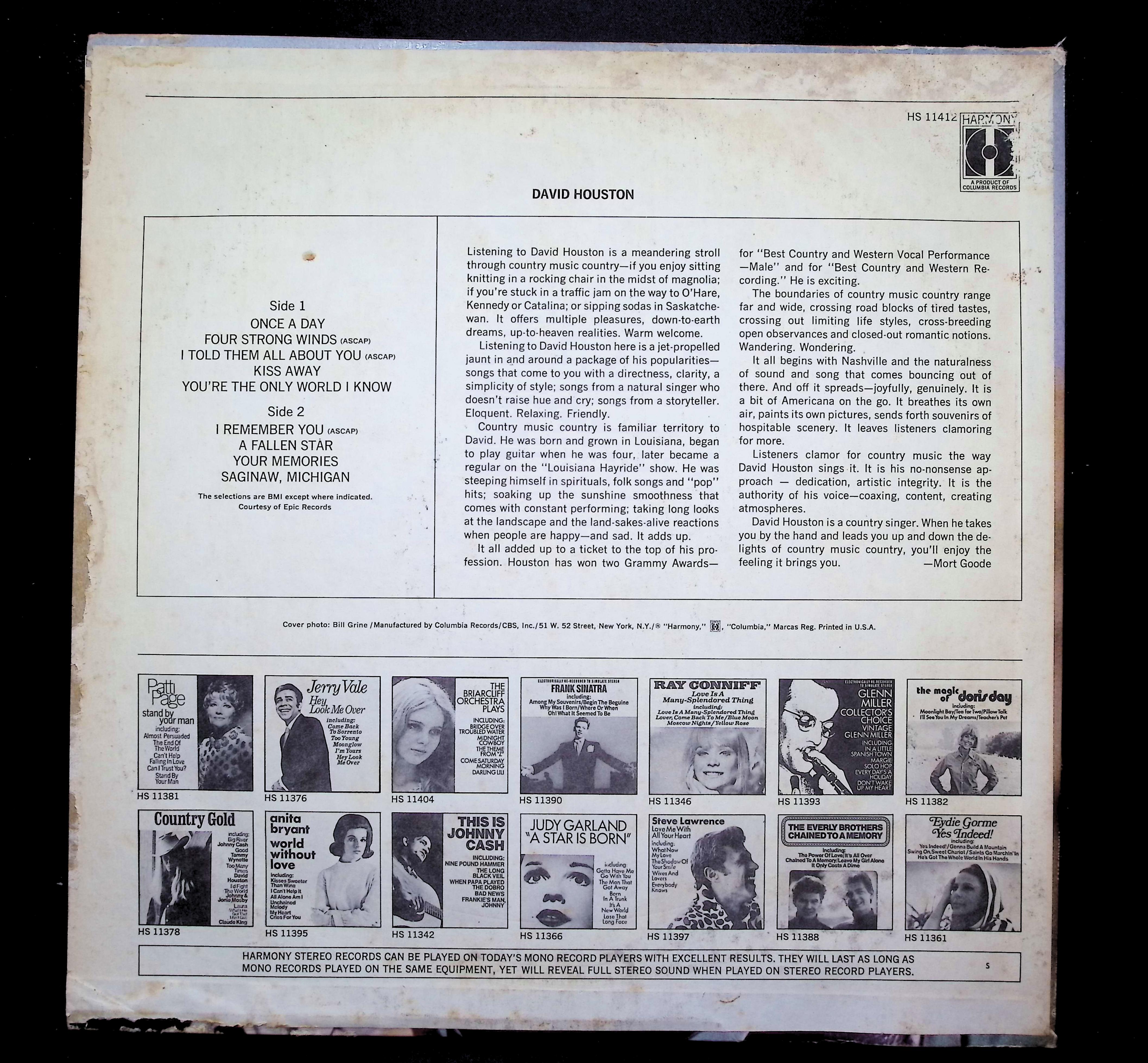 David Houston LP 1970 Harmony Country Folk — image 2