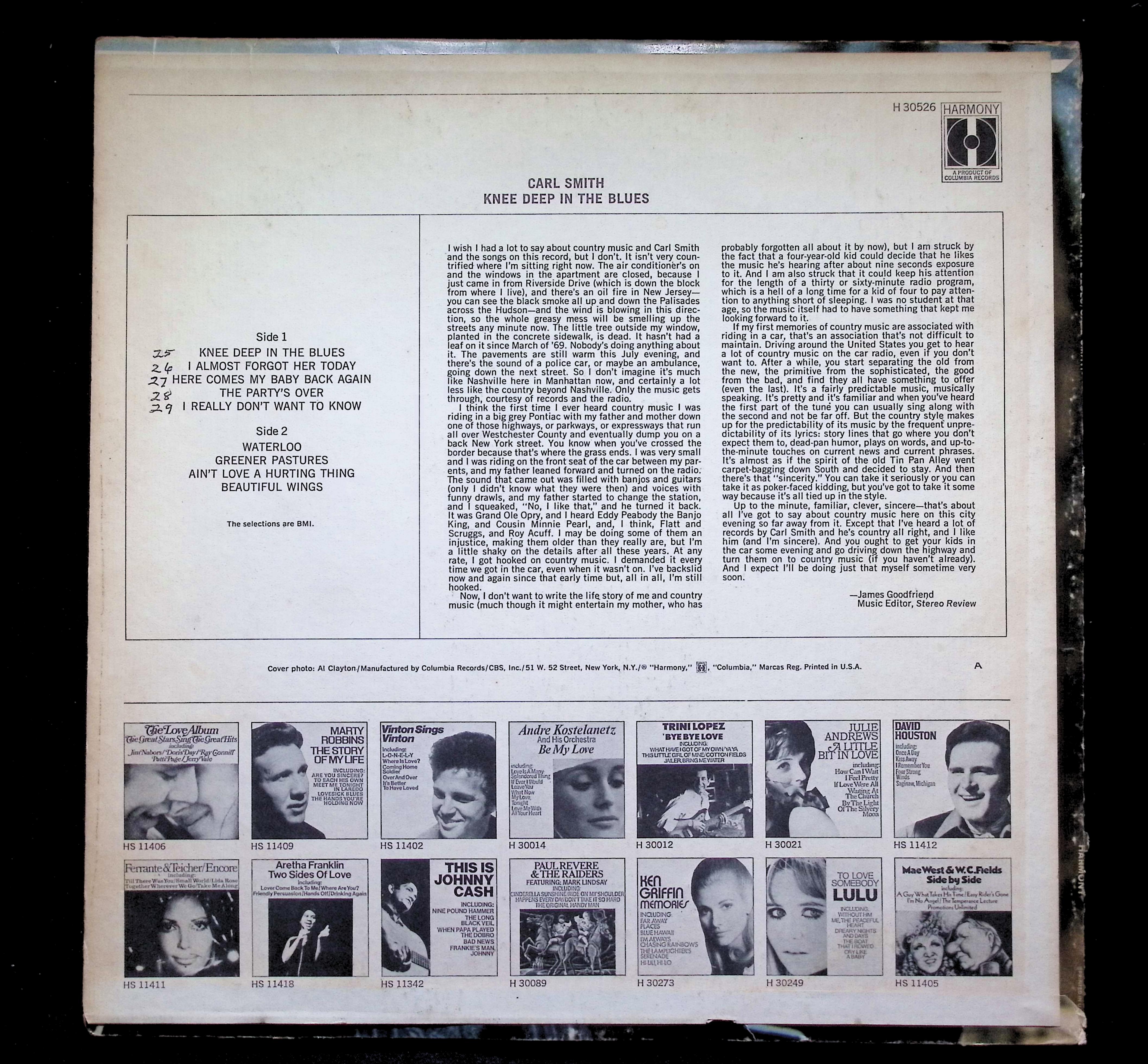 Carl Smith Knee Deep In The Blues LP 1971 Harmony Folk Country — image 2