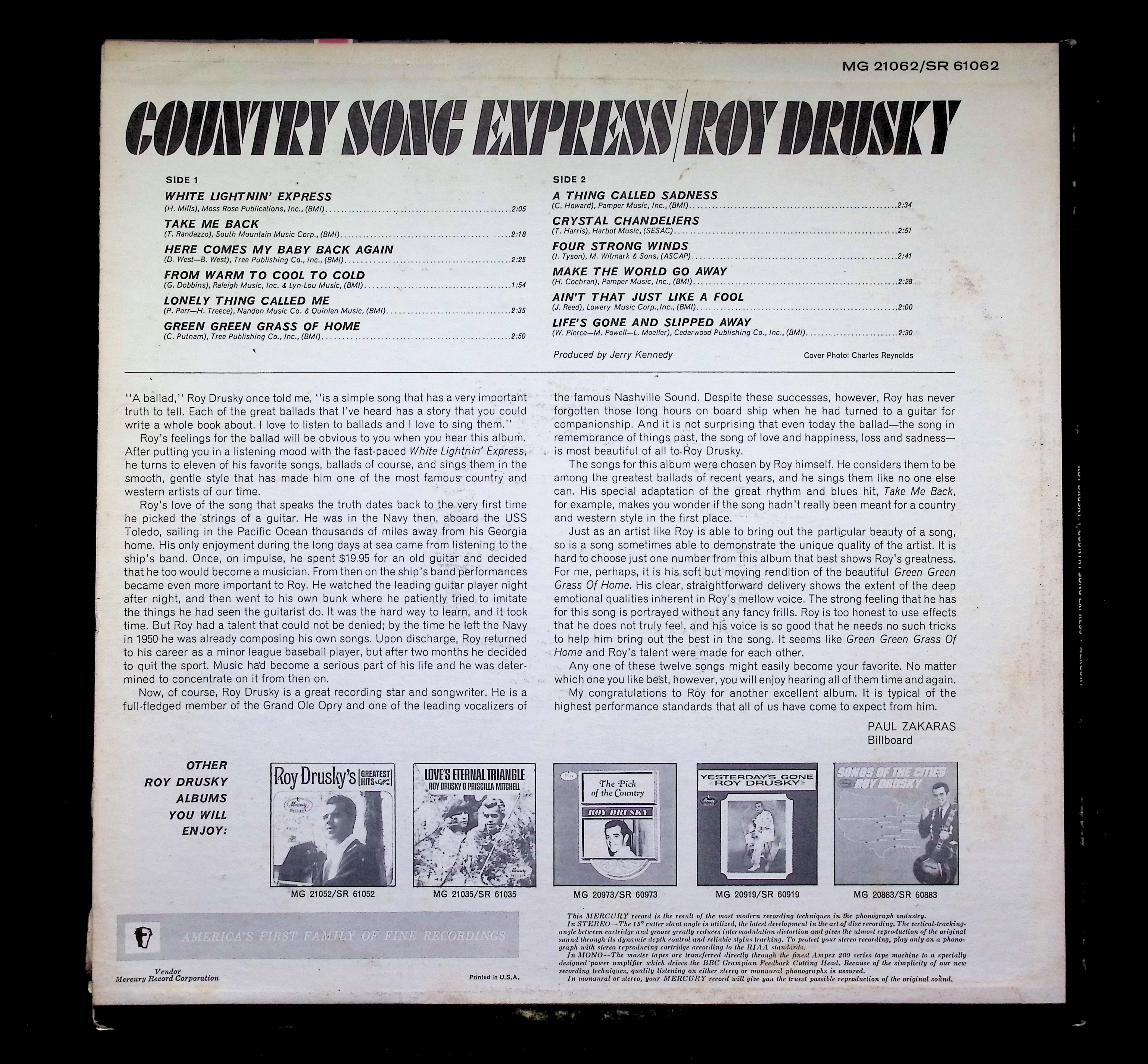 Roy Drusky Country Song Express LP 1966 Mercury Folk — image 2
