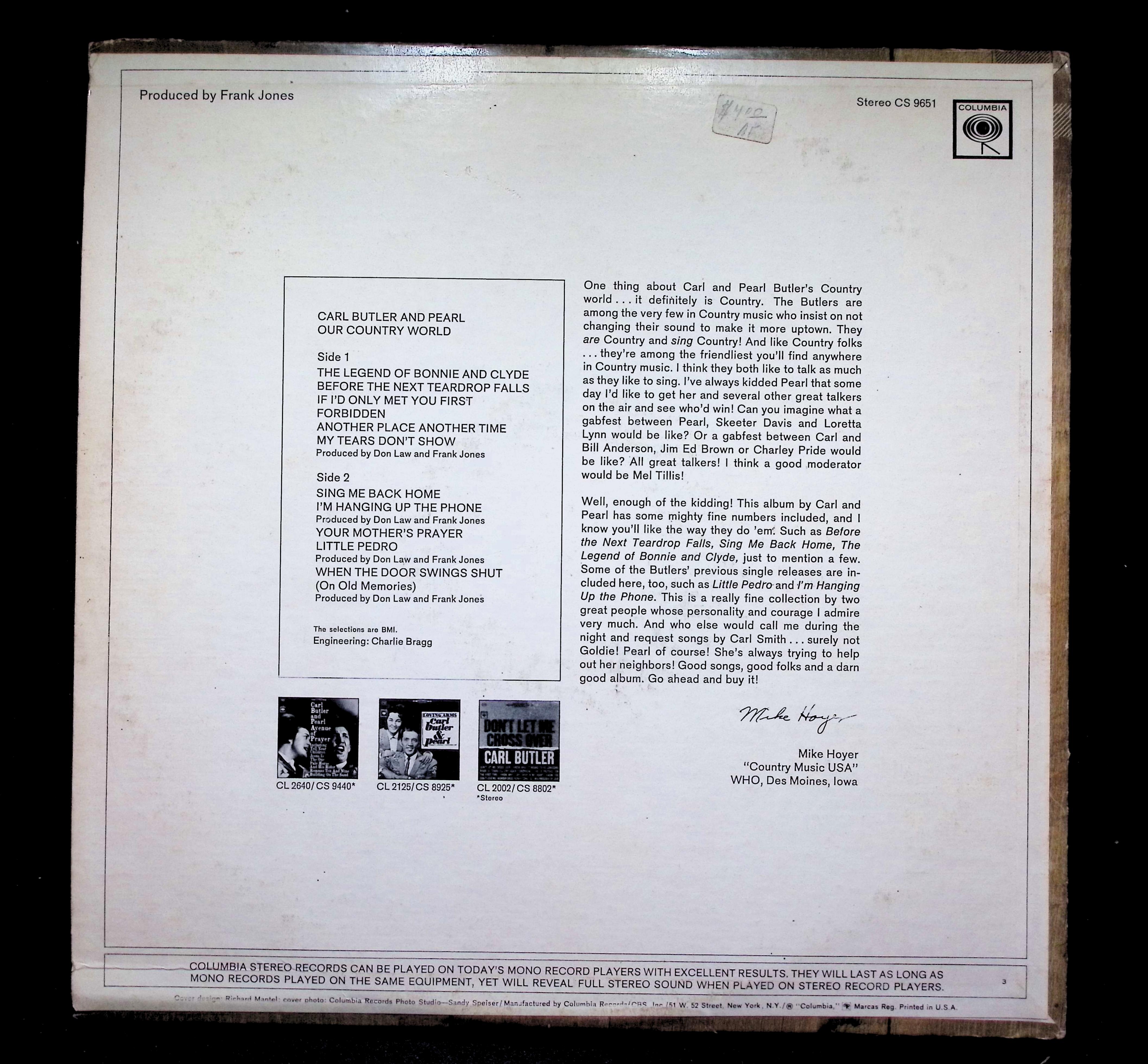 Carl & Pearl Butler Our Country World LP 1968 Columbia Country — image 2