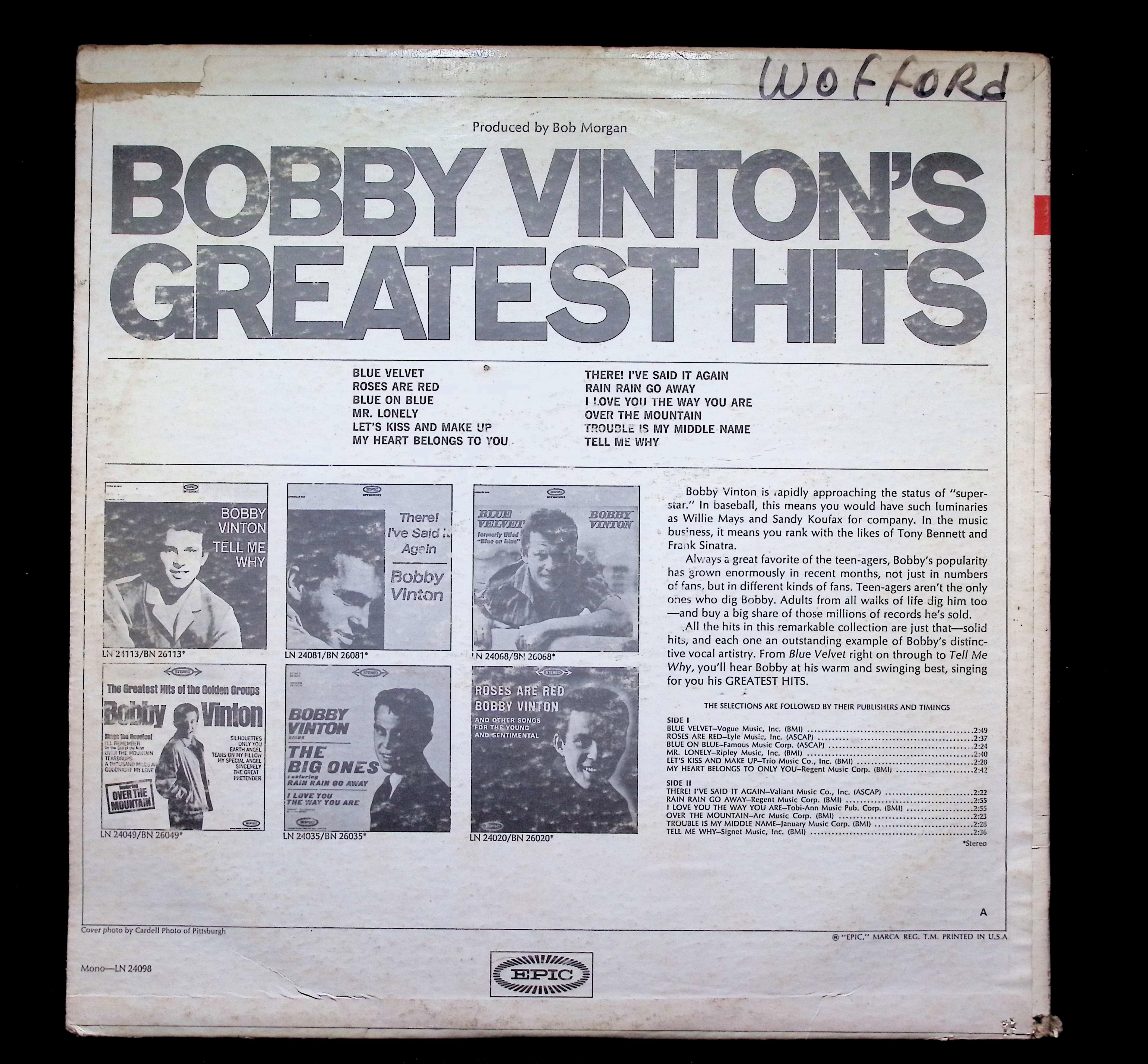 Bobby Vinton's Greatest Hits LP 1964 Epic Pop — image 2