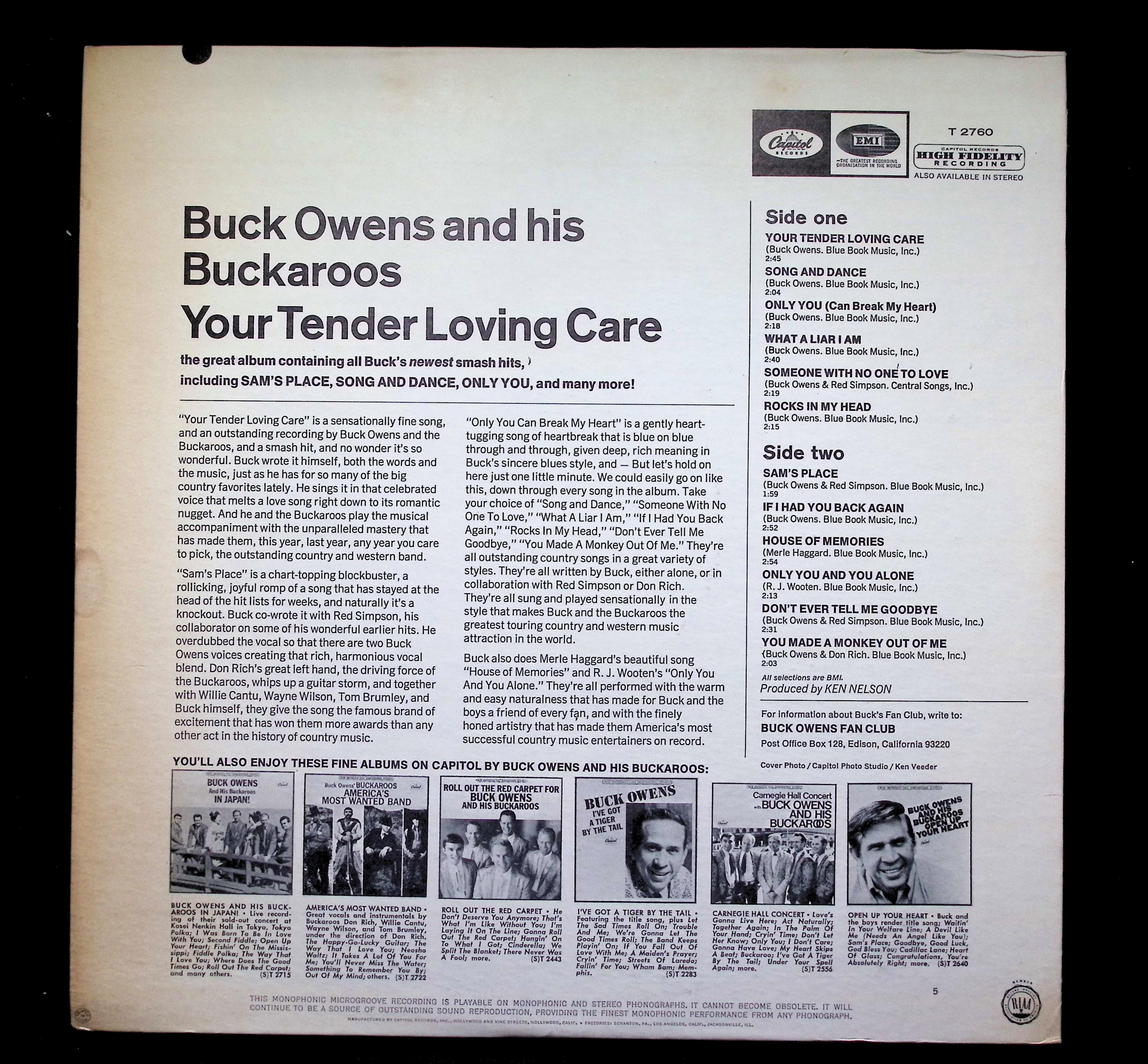 Buck Owens Your Tender Loving Care LP 1967 Capitol Country — image 2