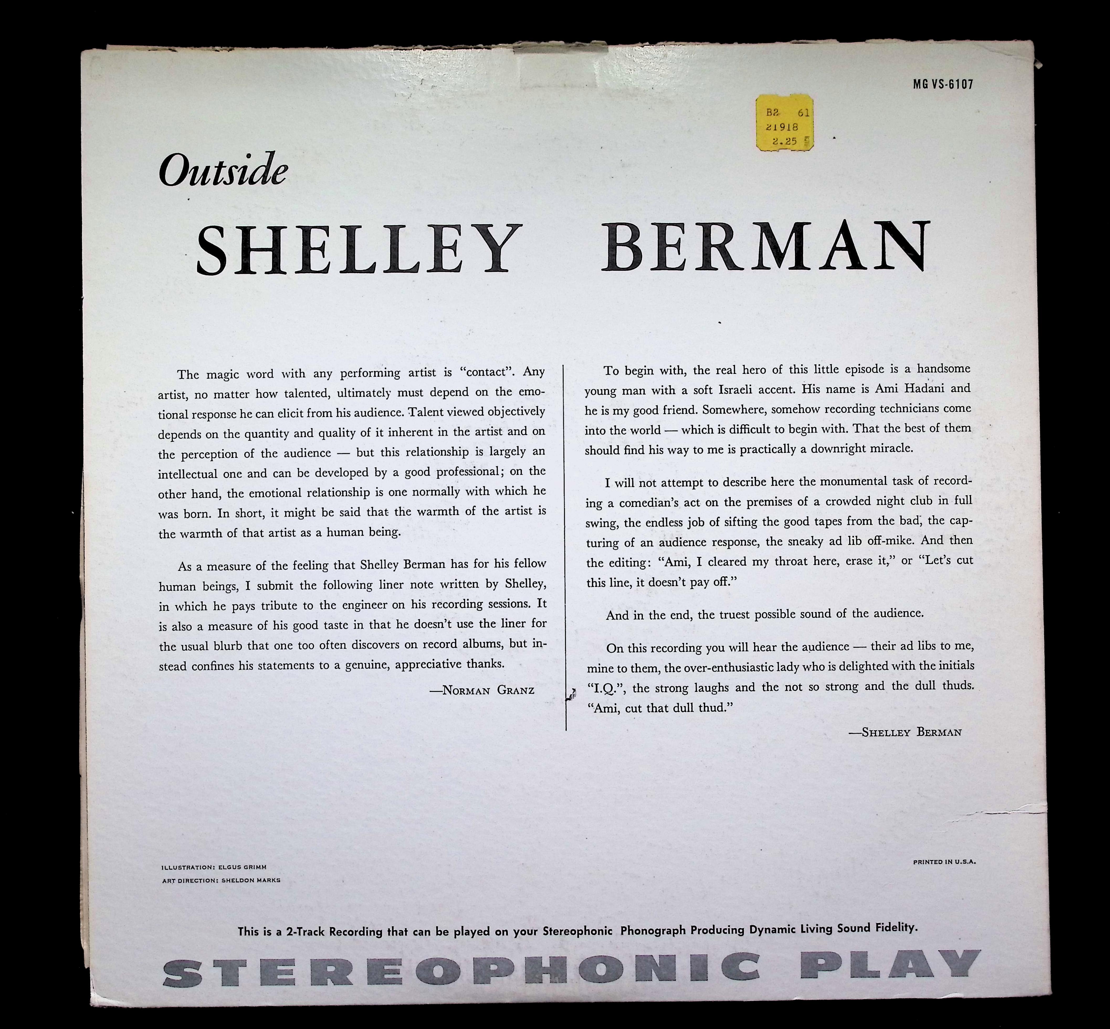 Shelley Berman Outside LP 1959 Verve Comedy — image 2