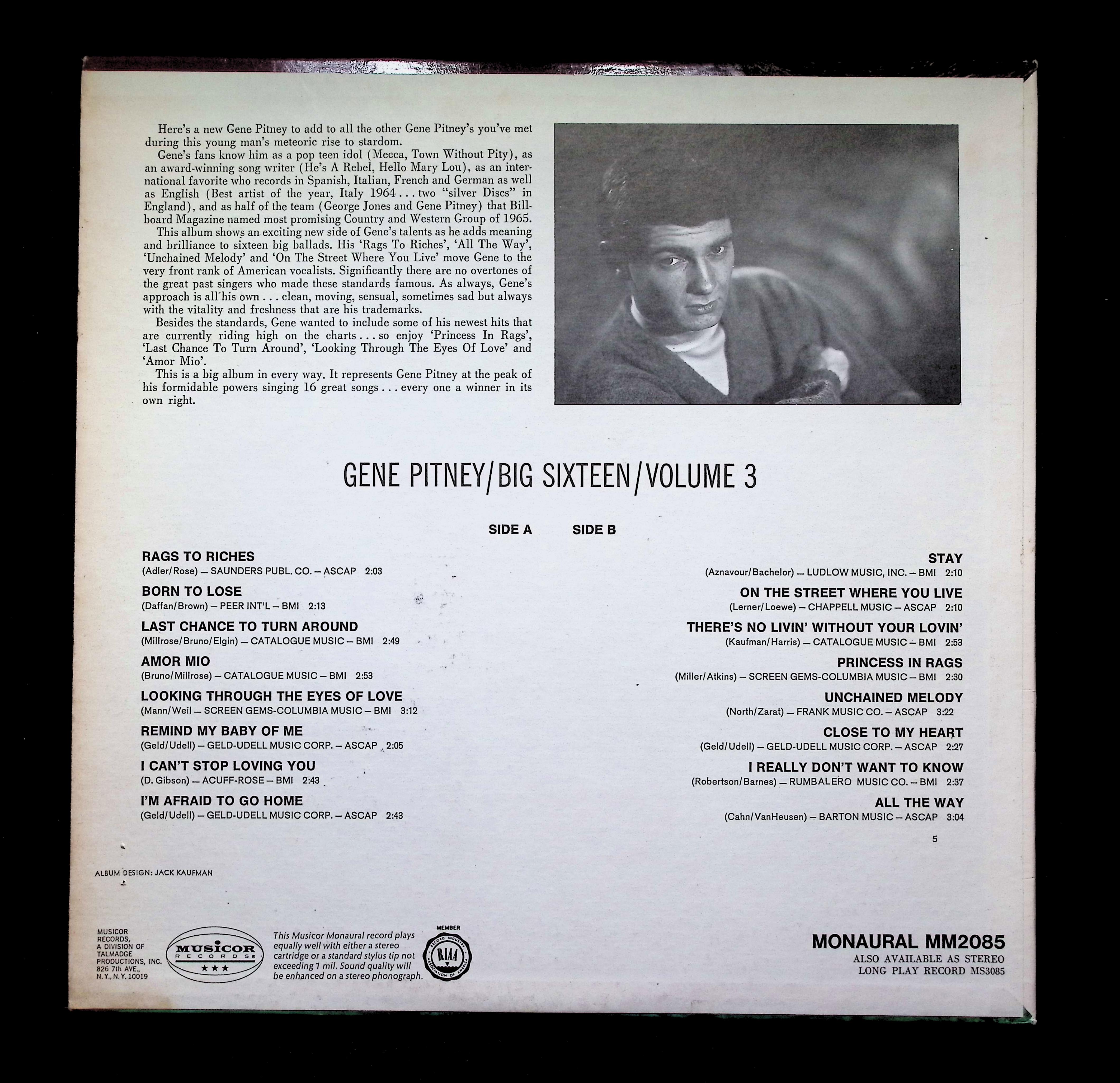 Gene Pitney Big Sixteen LP 1966 Columbia Pop Ballad — image 2