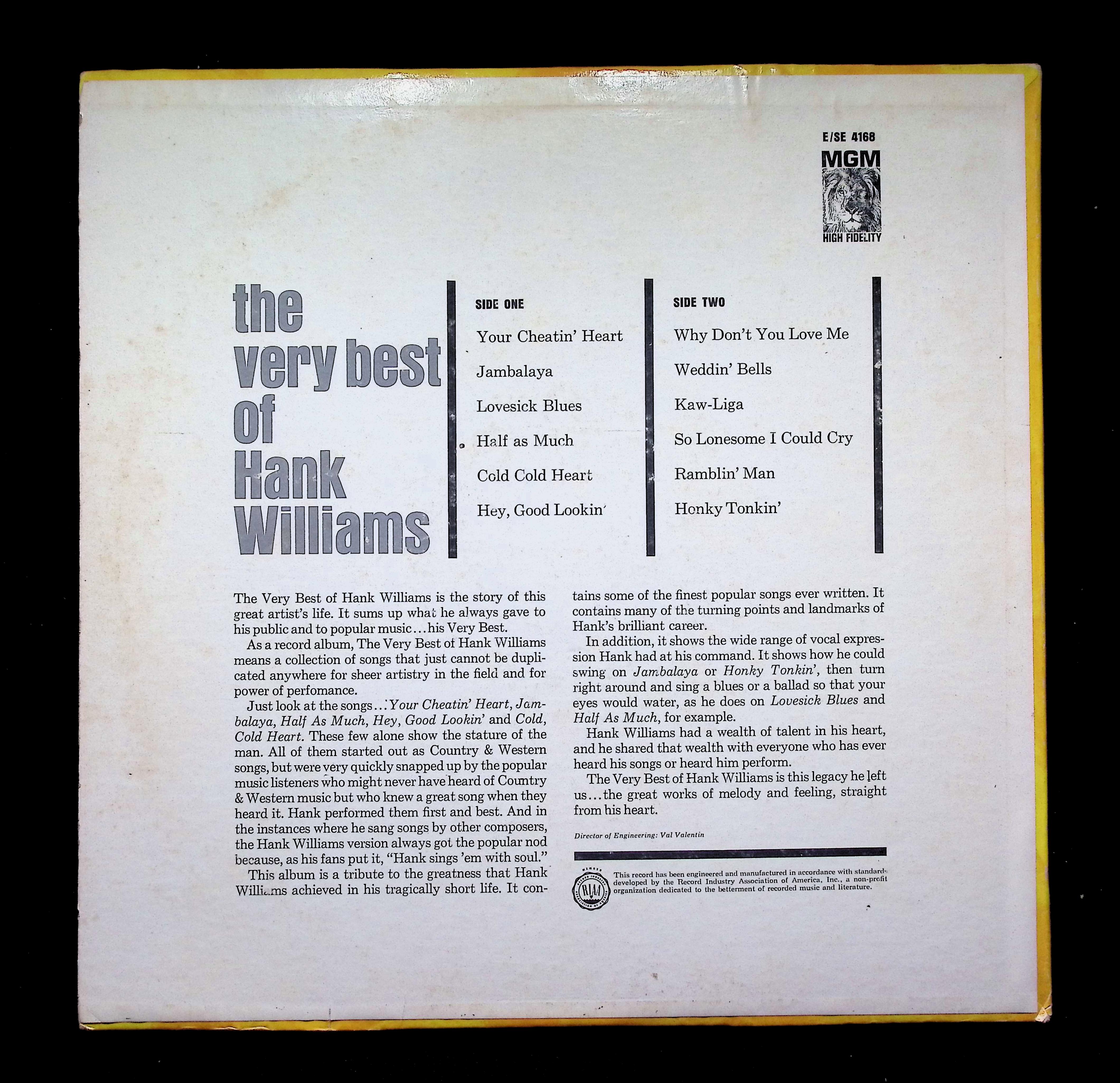 Hank Williams Very Best LP 1965 MGM Country Compilation — image 2
