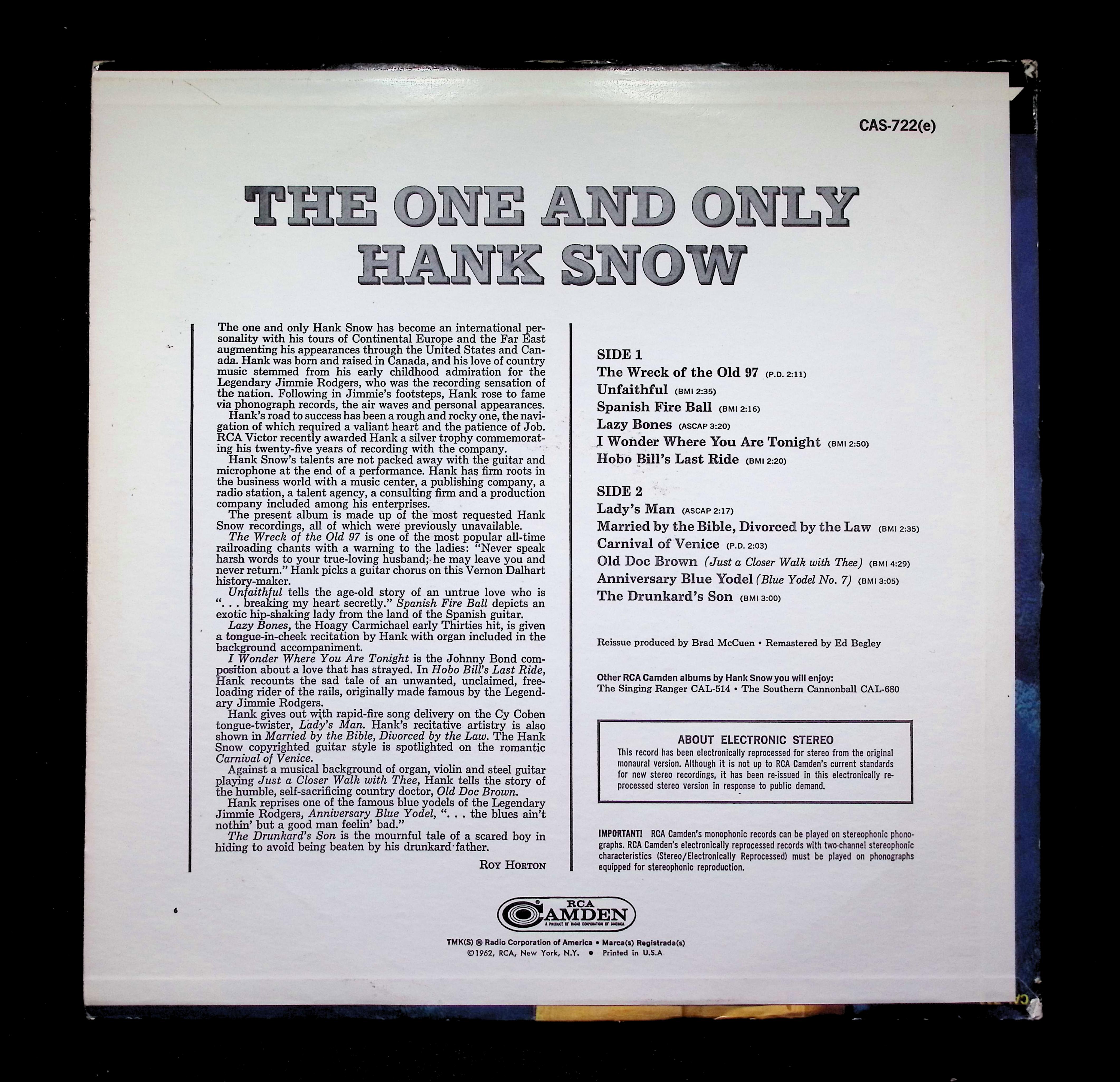Hank Snow The One and Only LP Unknown RCA Camden Country — image 2