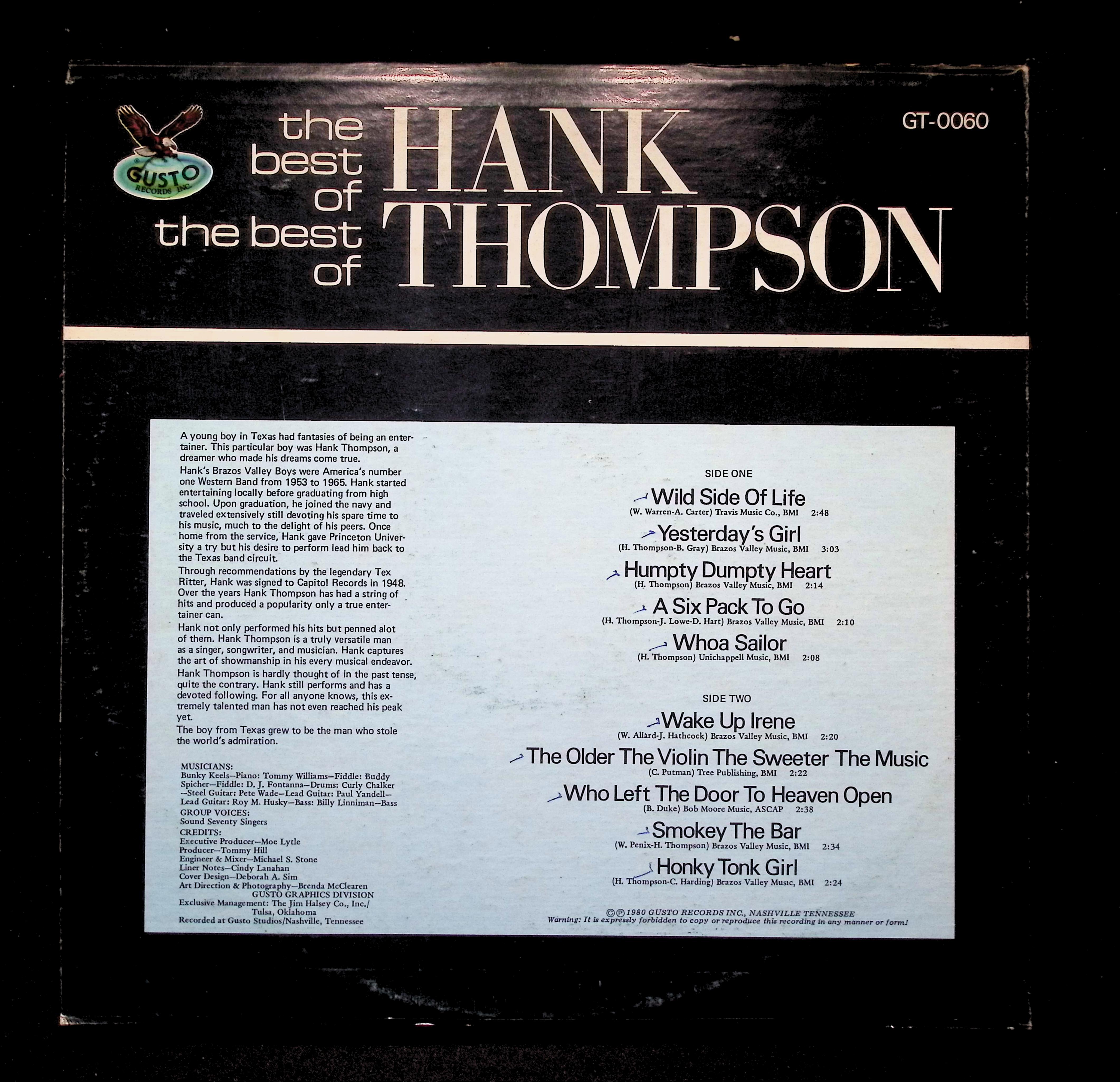 Hank Thompson Best Of LP 1980 Gusto Records Country — image 2
