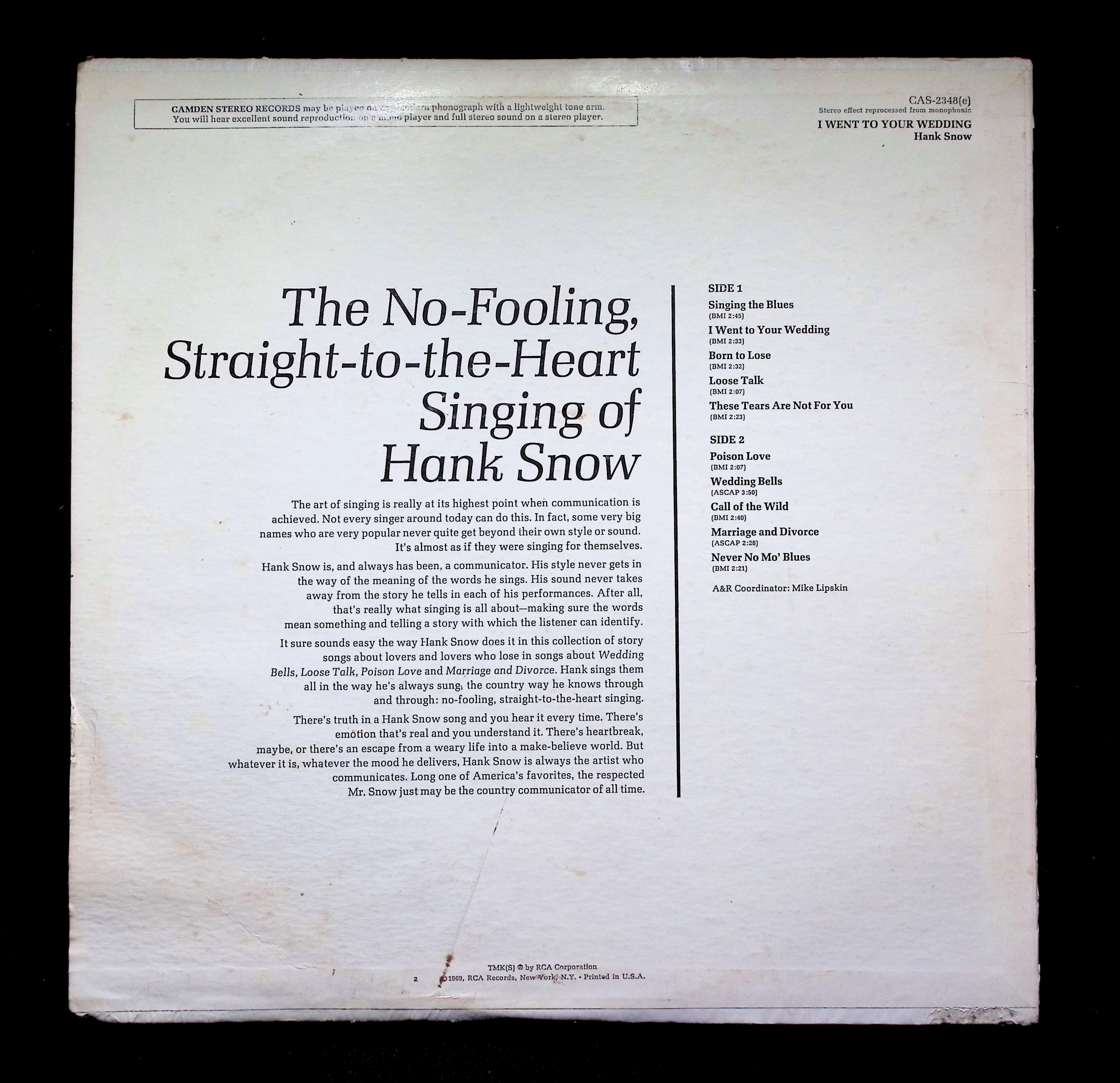 Hank Snow - The No-Fooling, Straight-to-the-Heart Sing... CAS-2348(e) LP Vinyl — image 2