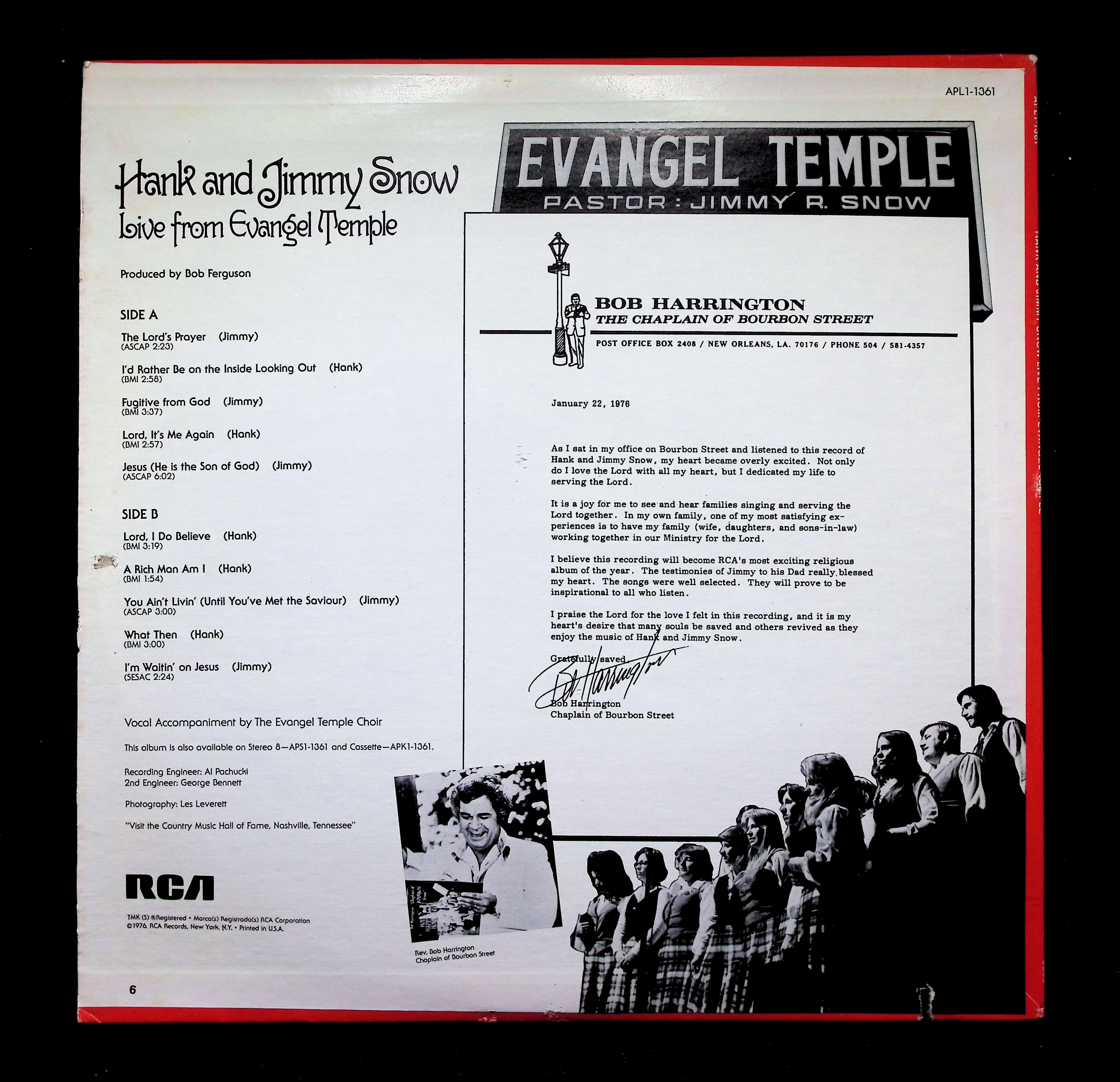 Hank Snow - Live From Evangel Temple (1976) APL1-1361 LP Vinyl — image 2