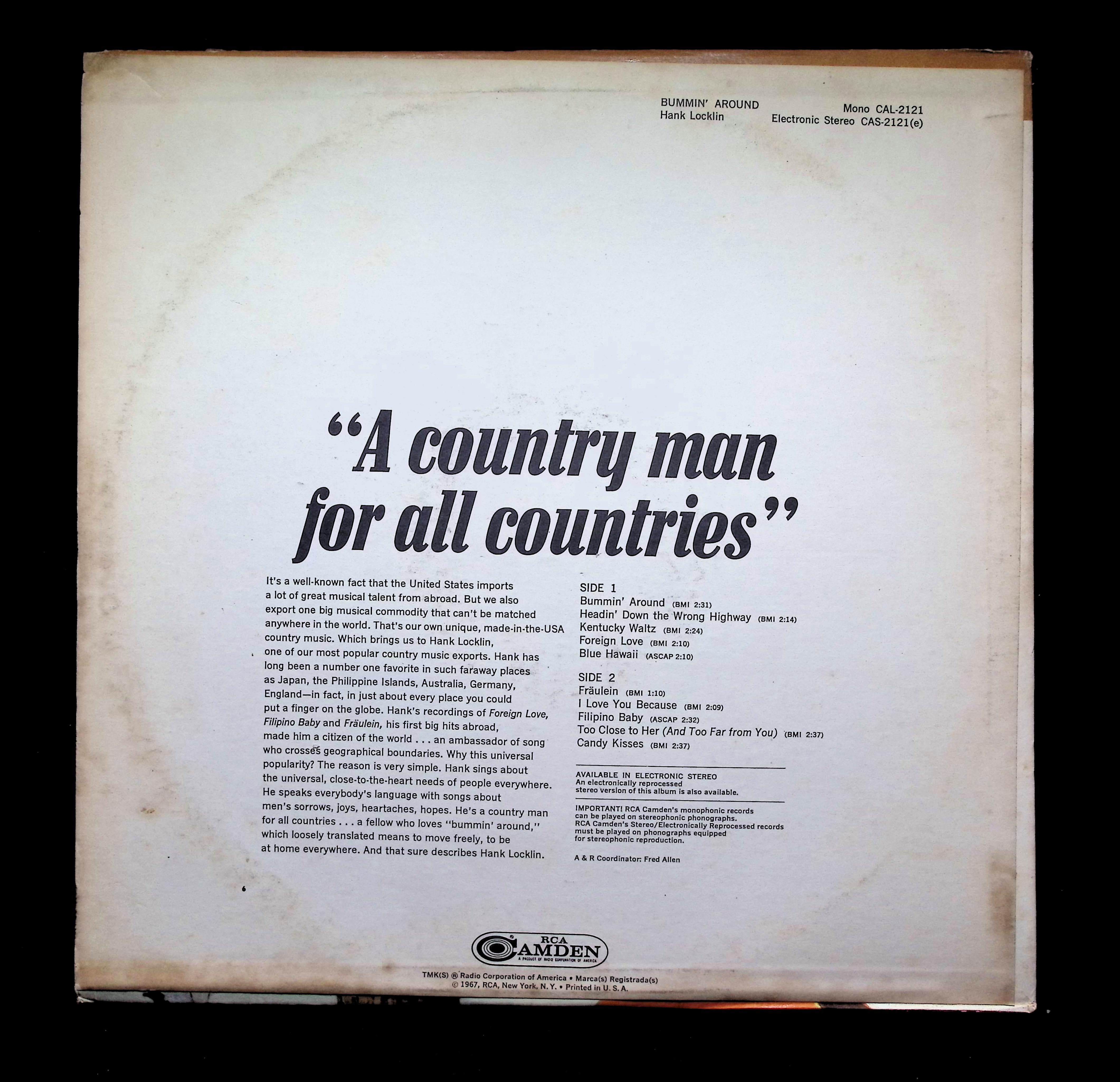 Hank Locklin - A country man for all countries CAS-2121(e) LP Vinyl — image 2