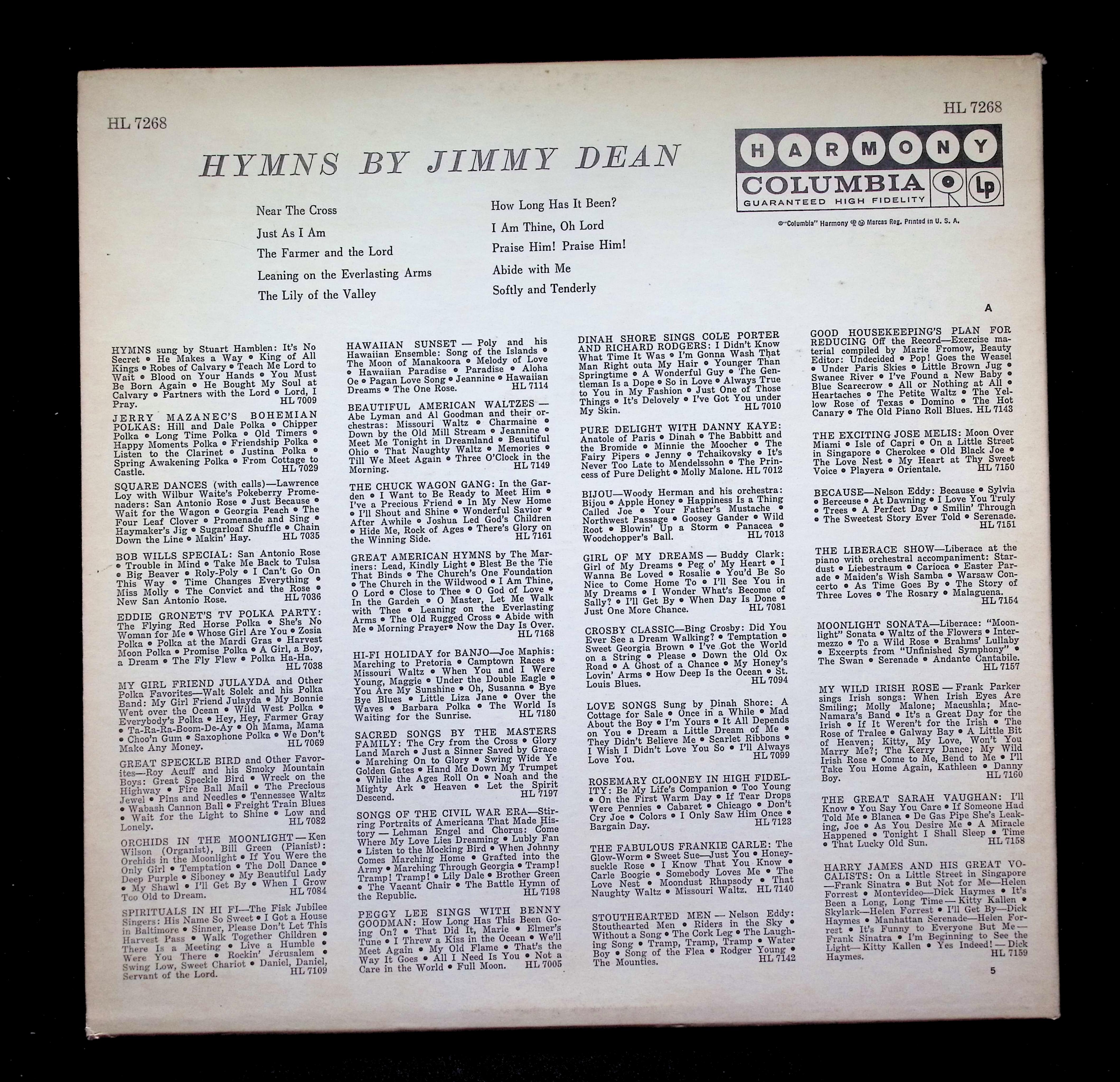 Jimmy Dean - Hymns By (1960) HL 7268 Vinyl LP Record — image 2