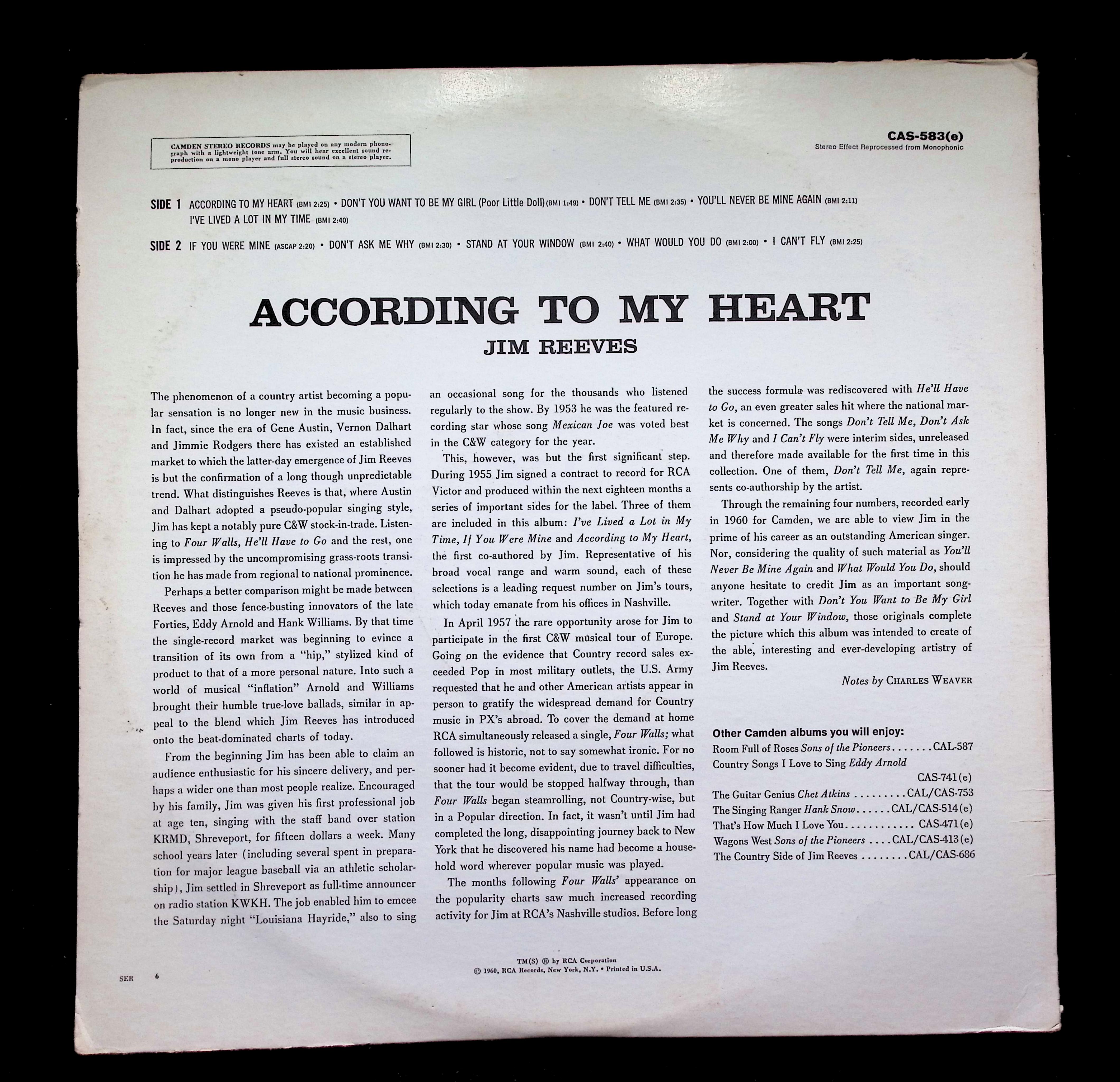 Jim Reeves - According To My Heart (1966) CAS-583(e) Vinyl LP Record — image 2