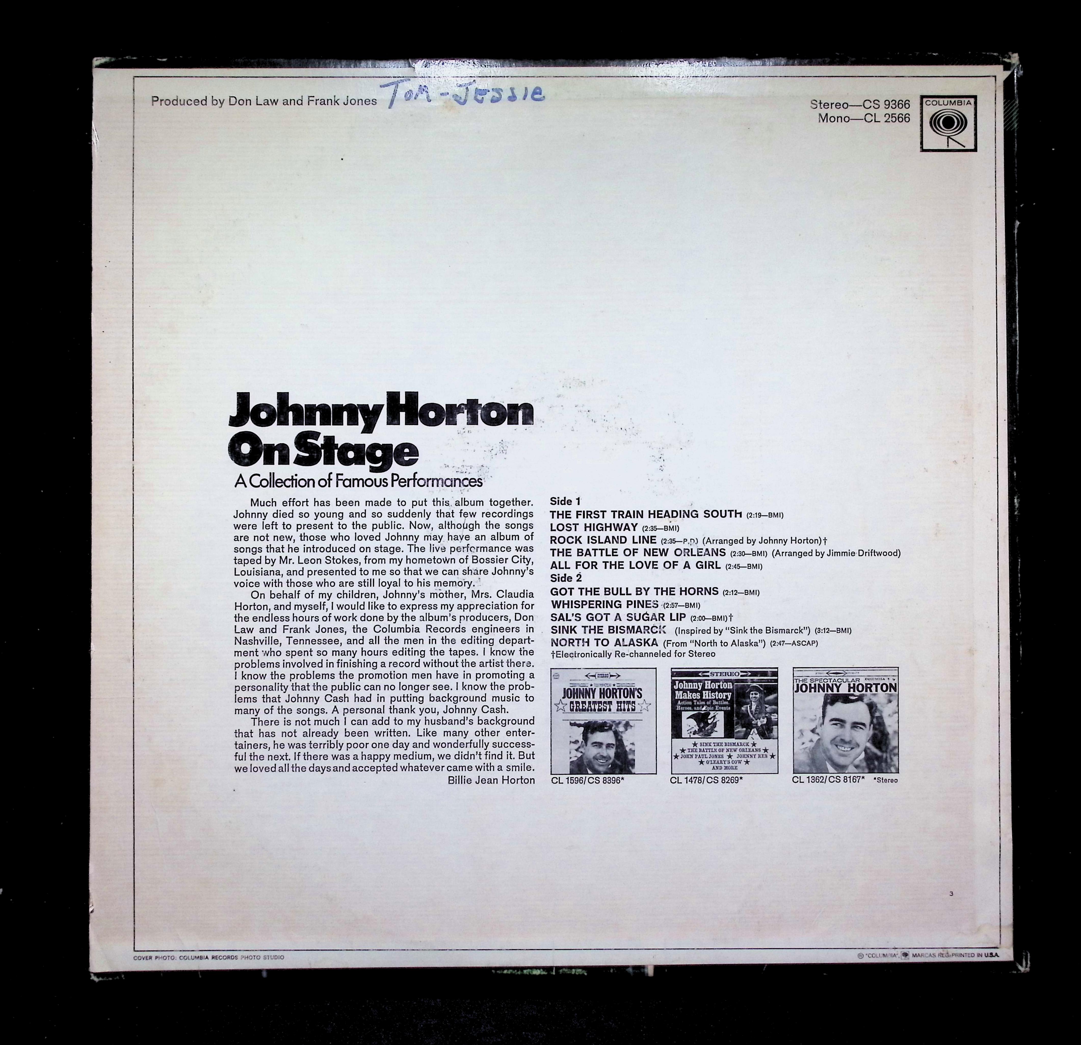 Johnny Horton - Johnny Horton On Stage CS 9366 Vinyl LP — image 2