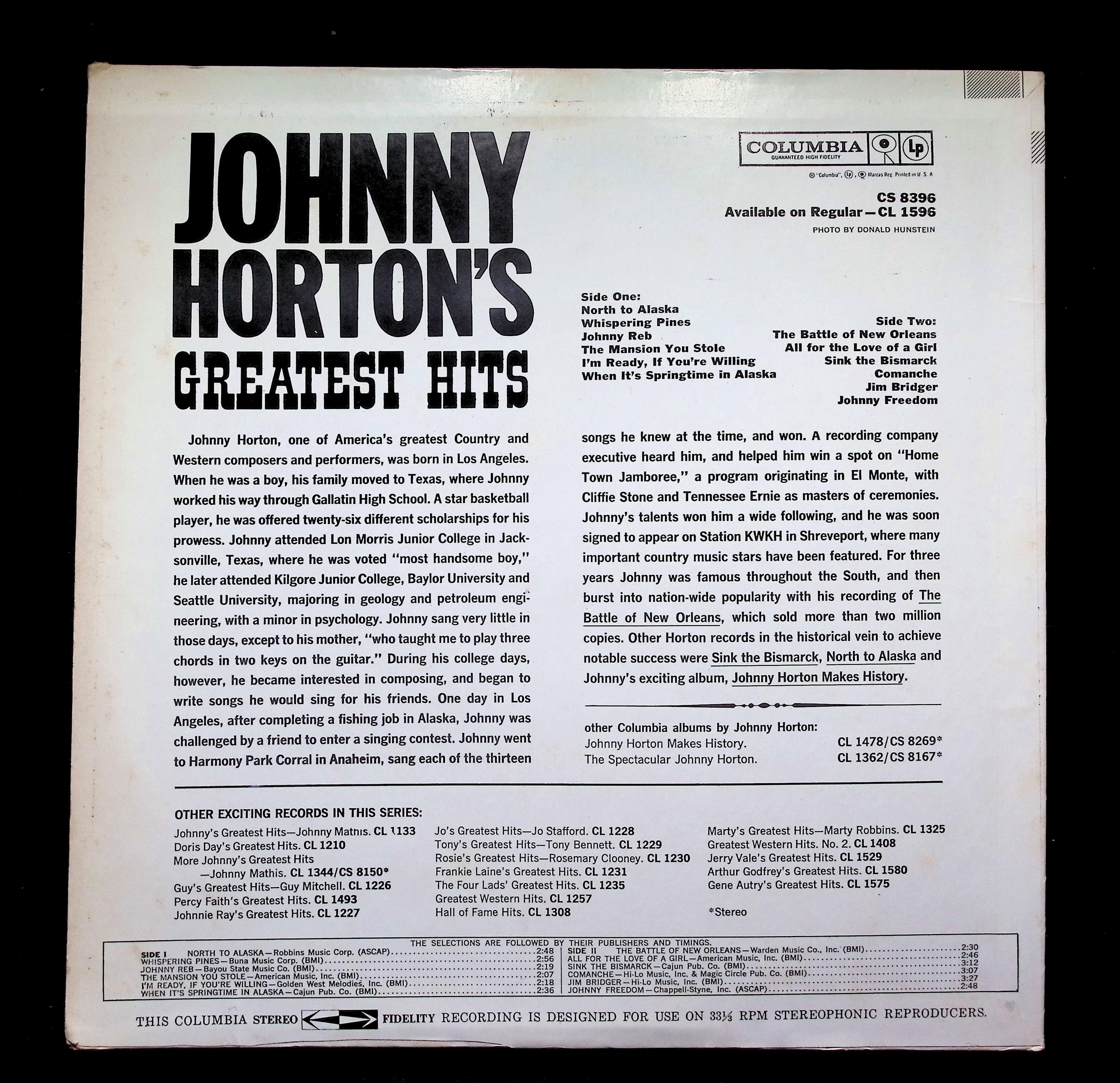 Johnny Horton - Johnny Horton's Greatest Hits WCS 8396 Vinyl LP — image 2