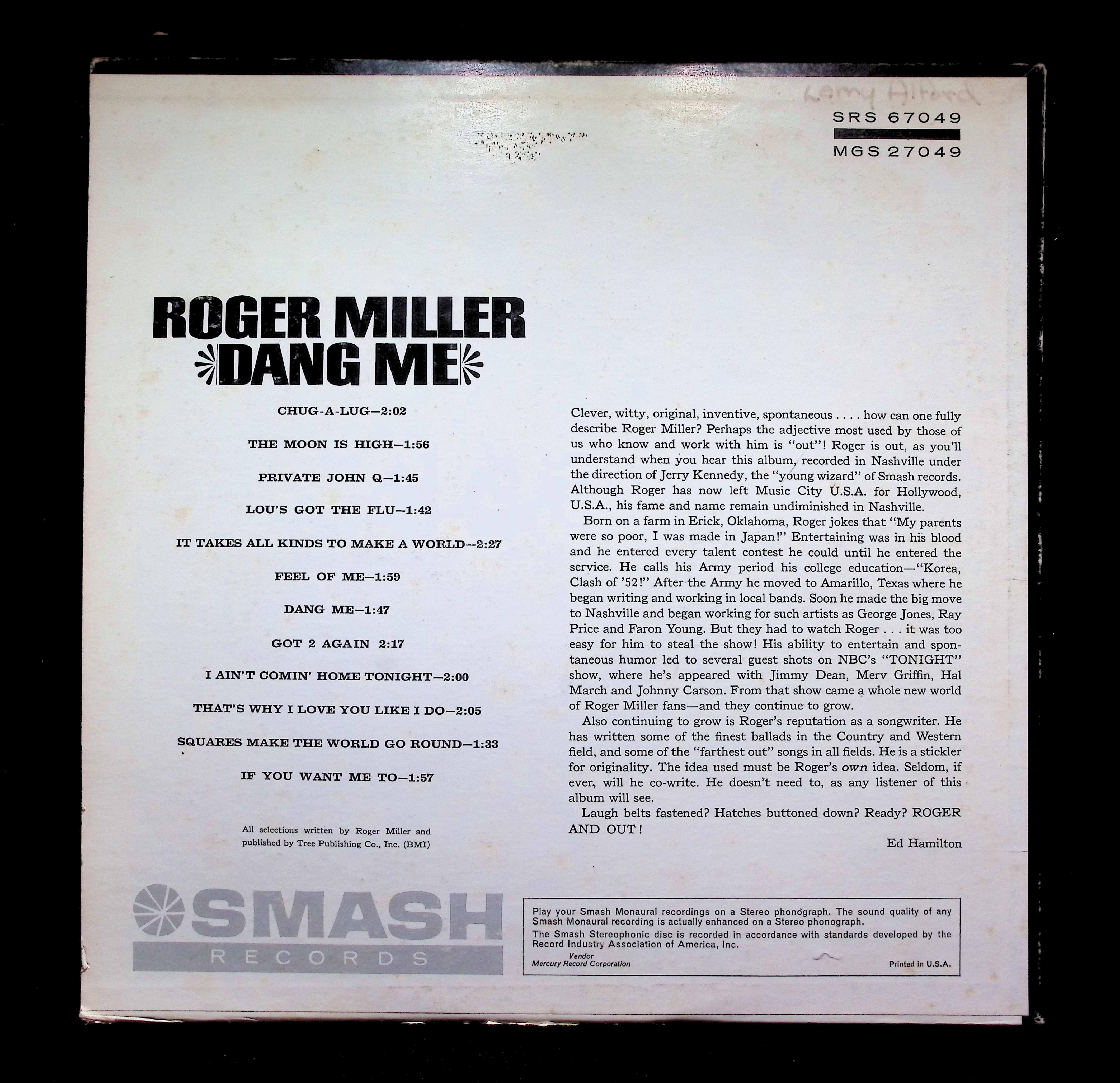 Roger Miller - Dang Me And Chug-A-Lug (1964) SRS 67049 Vinyl LP — image 2