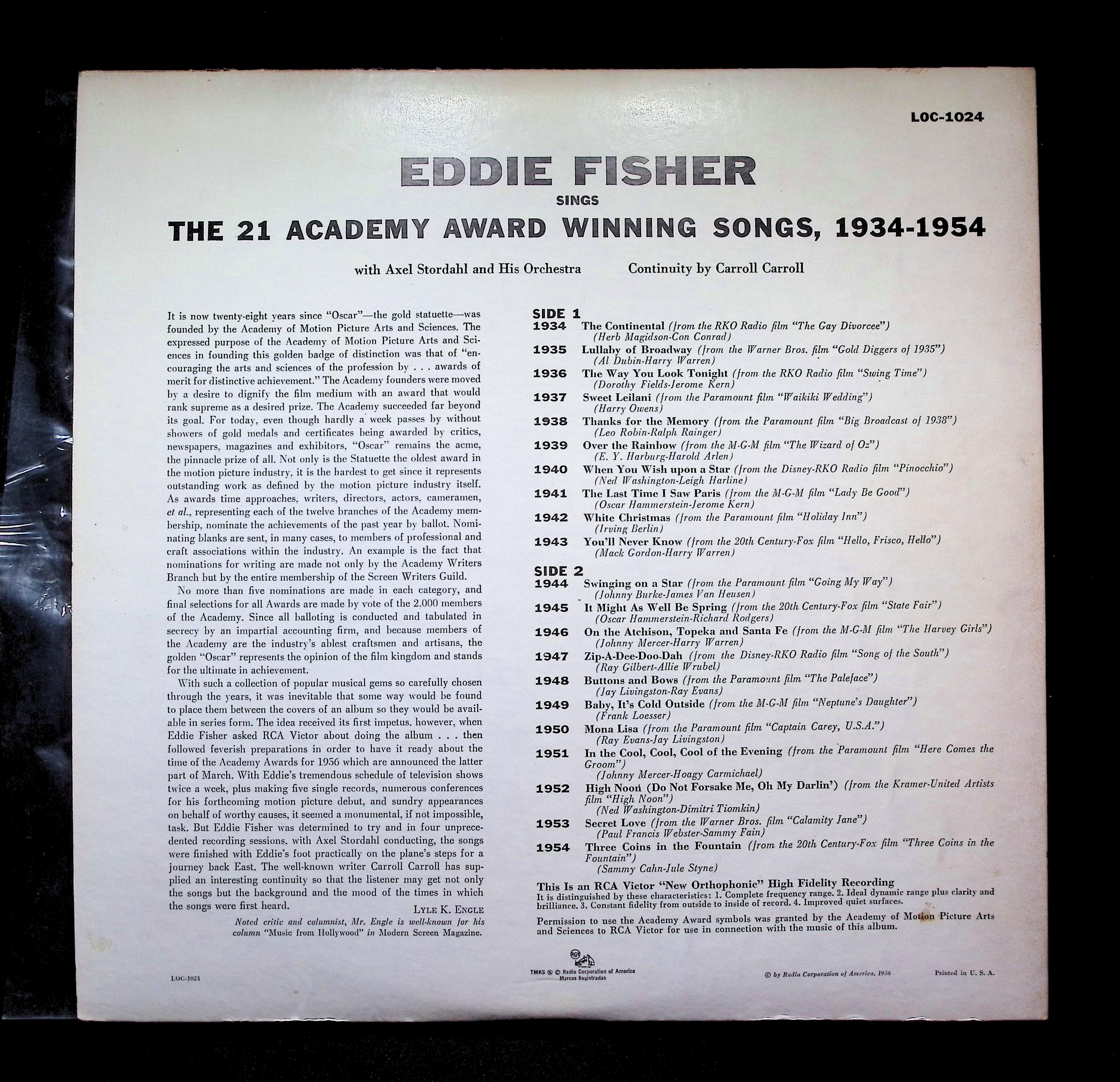 Eddie Fisher - Sings Academy Award Winning Songs LOC 1024 LP Vinyl — image 2