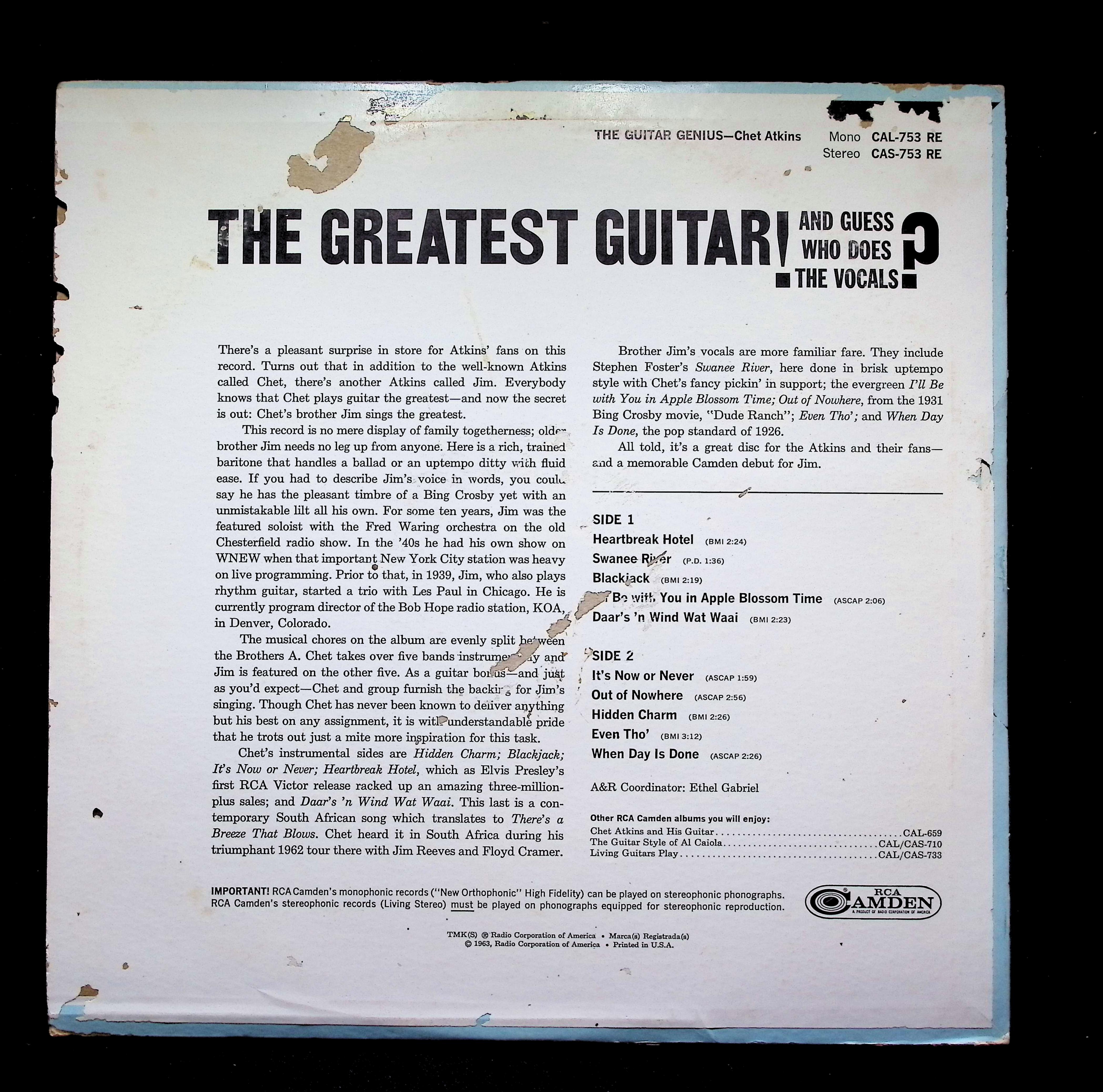 Chet Atkins - The Guitar Genius (1963) CAL 753 Vinyl LP — image 2