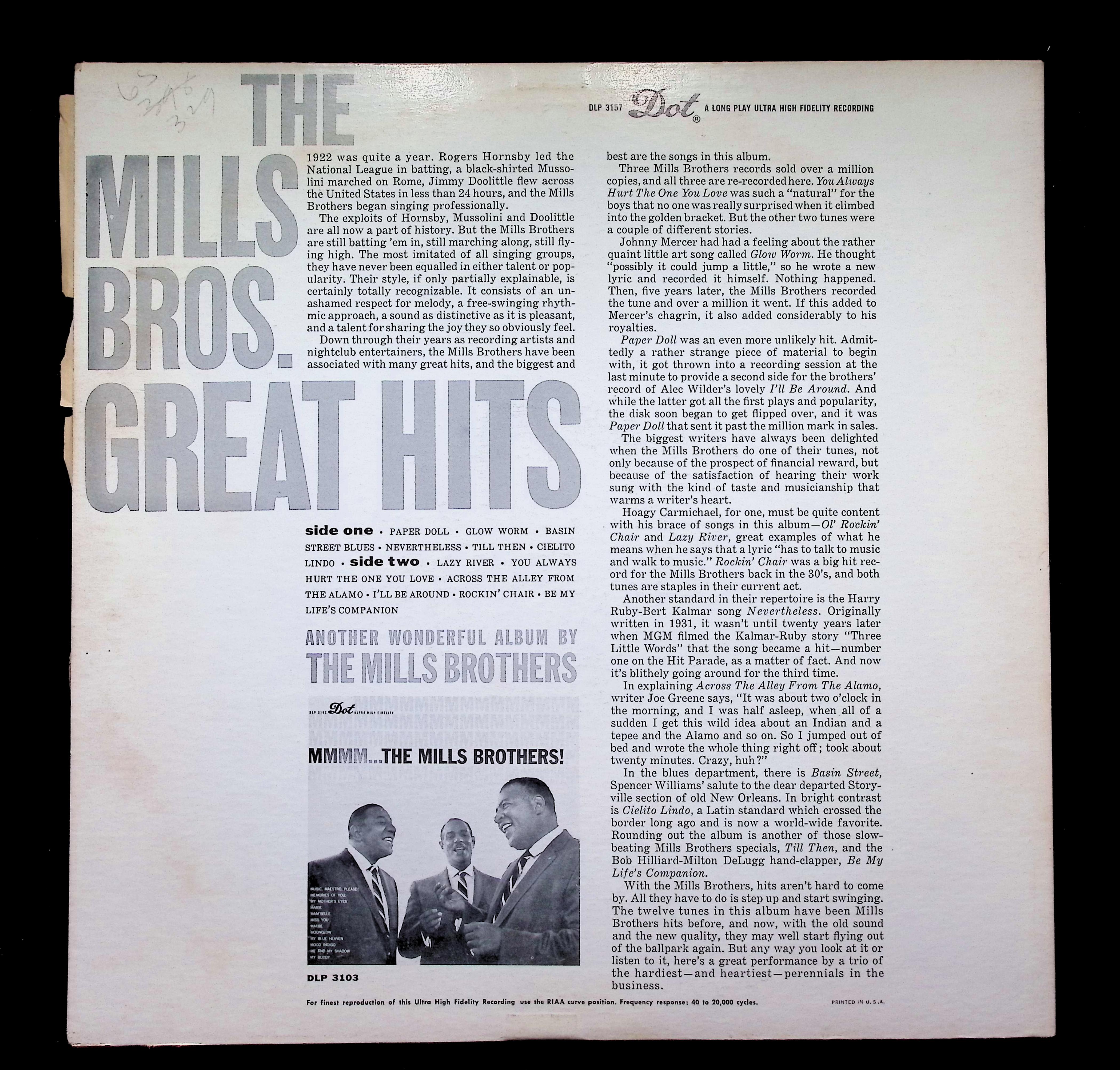 The Mills Brothers Great Hits LP 1958 DLP 3157 Jazz — image 2