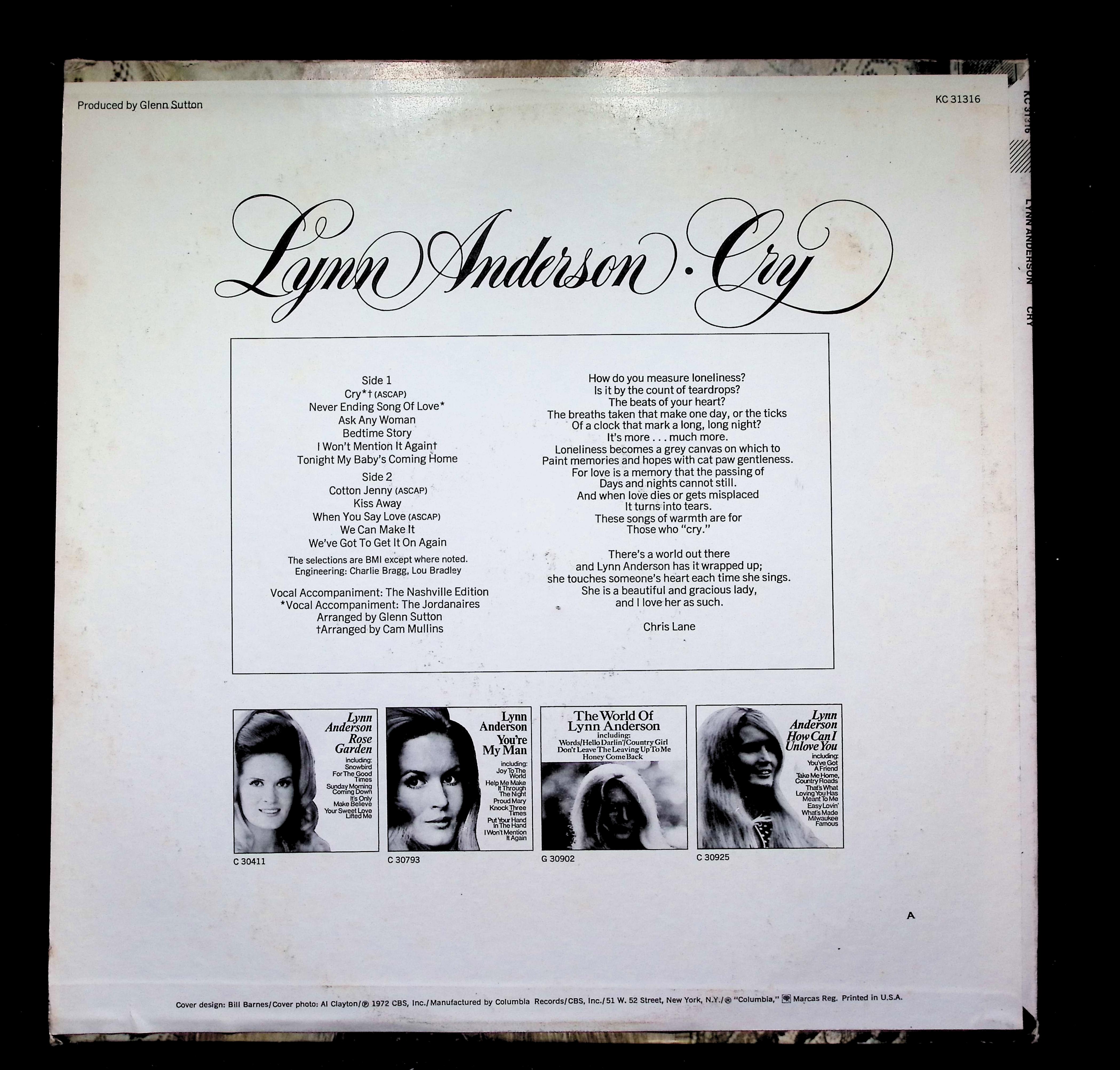 Lynn Anderson Cry LP 1972 KC 31316 Pop — image 2