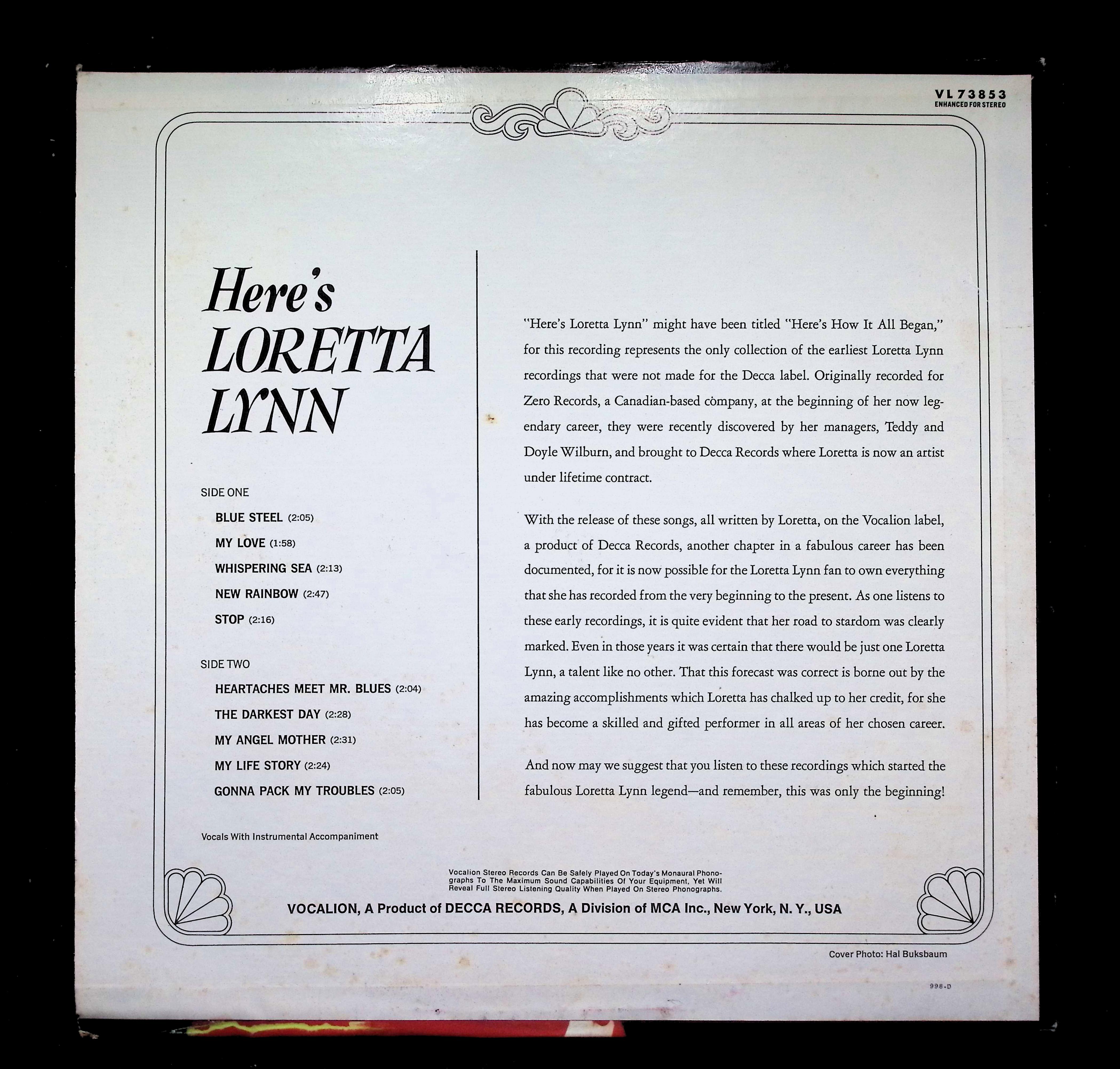 Loretta Lynn Here's Loretta Lynn LP 1968 VL 73853 Folk, World, & Country — image 2