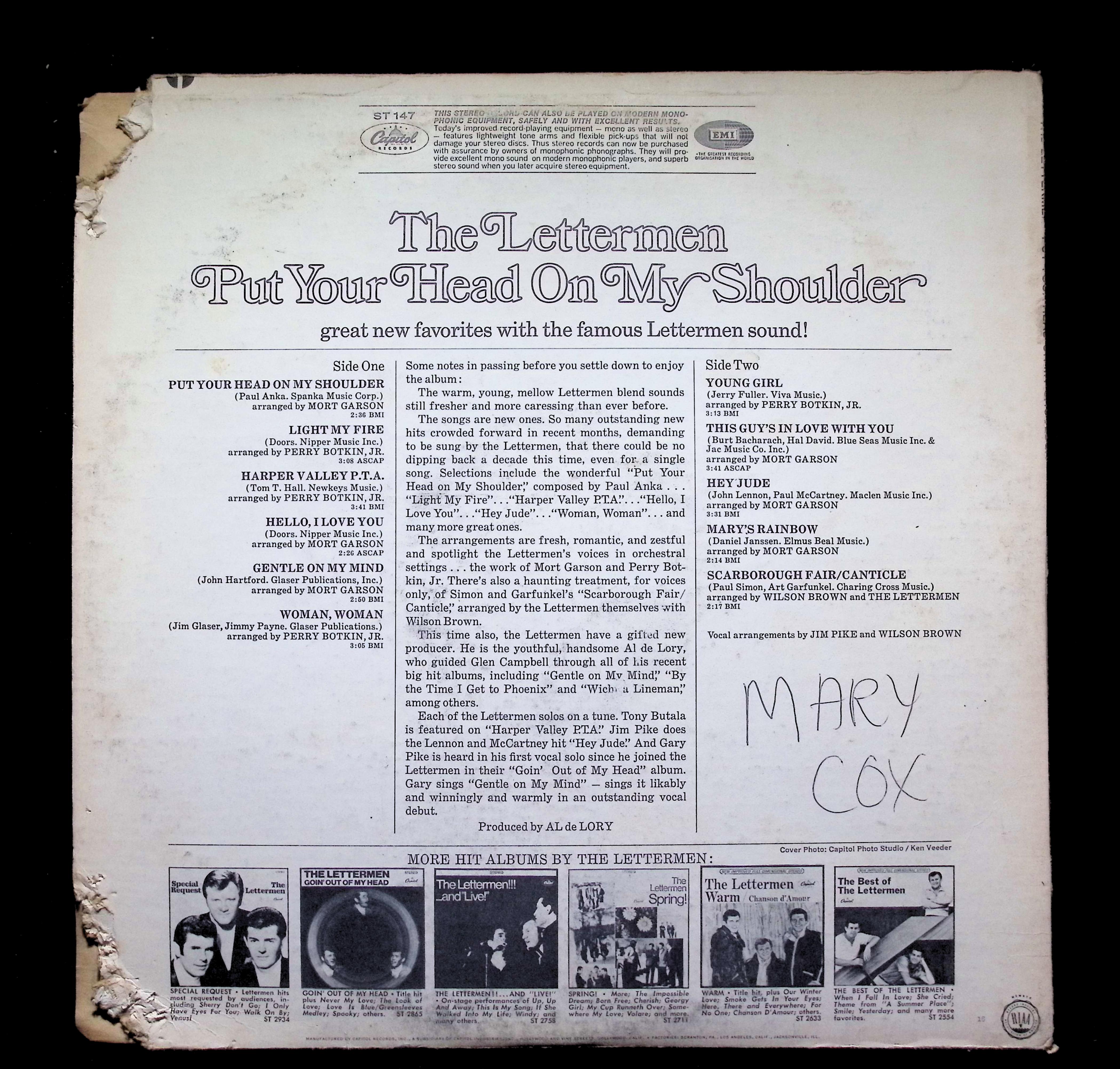 The Lettermen Put Your Head On My Shoulder LP 1968 E-ST 147 Pop — image 2