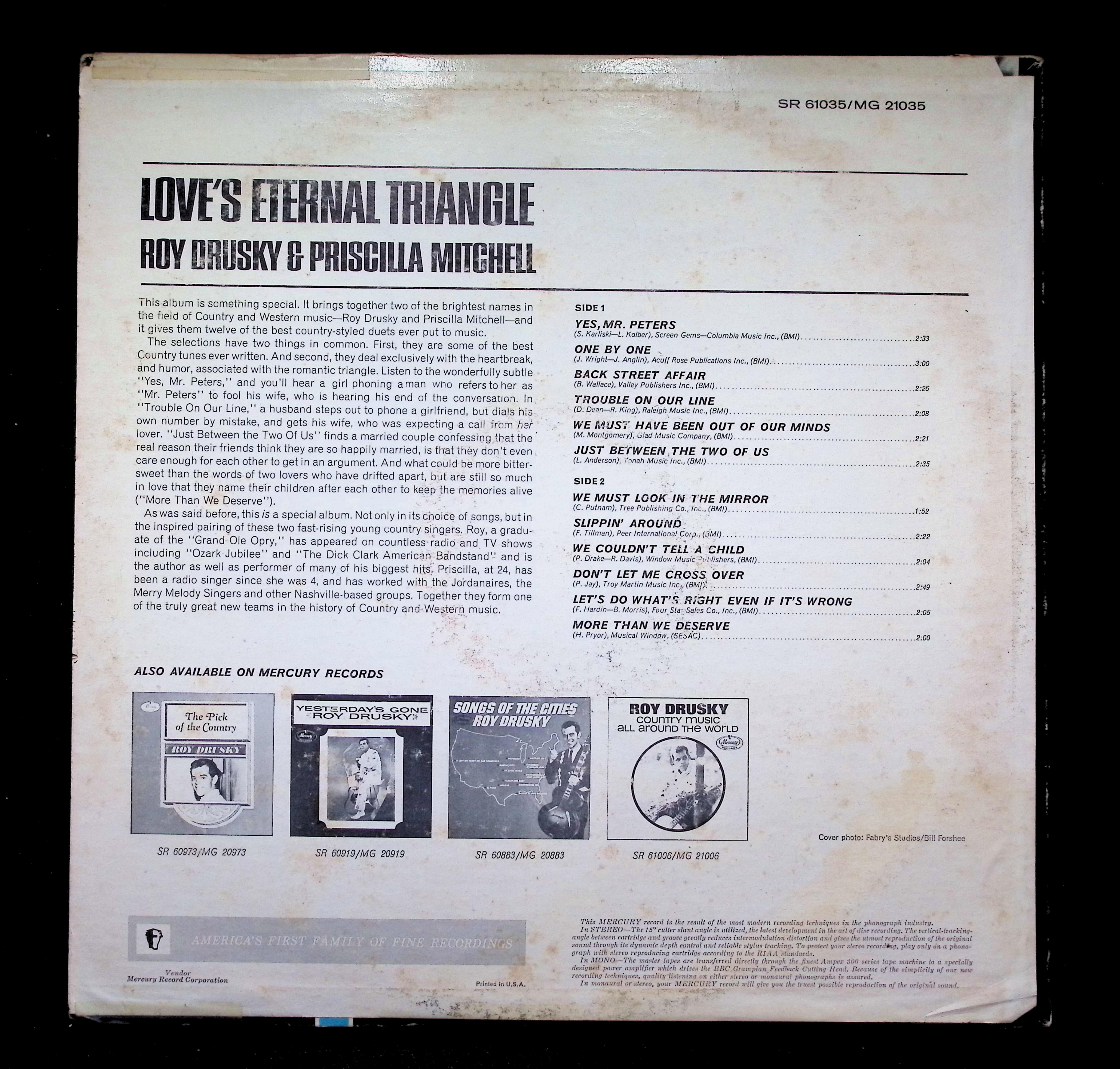 Roy Drusky Love's Eternal Triangle LP 1965 MG-21035 Folk, World — image 2