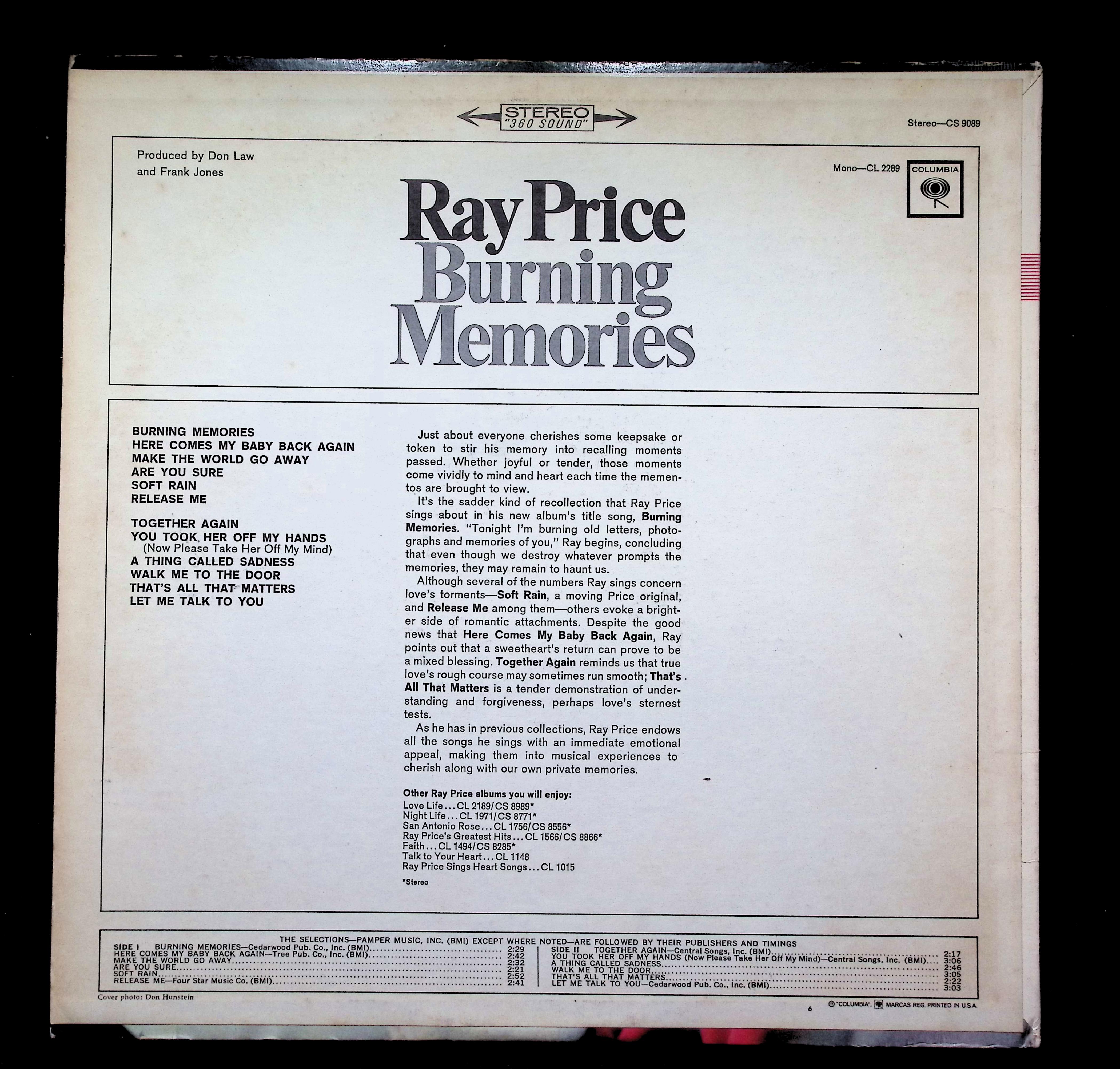 Ray Price Burning Memories LP 1970 CS 9089 Folk, World, & Country — image 2