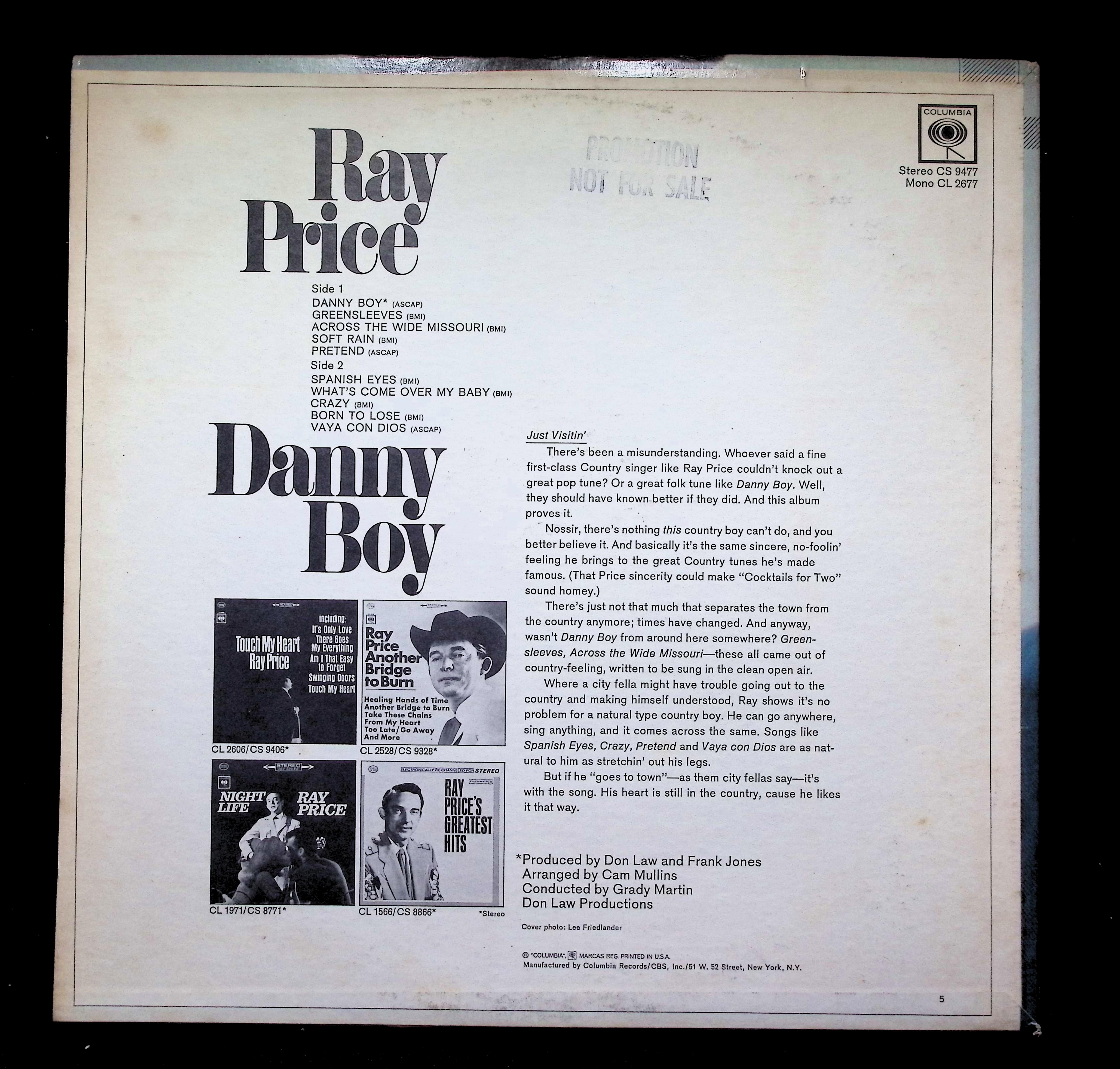 Ray Price Danny Boy LP 1967 CS 9477 Folk, World, & Country — image 2