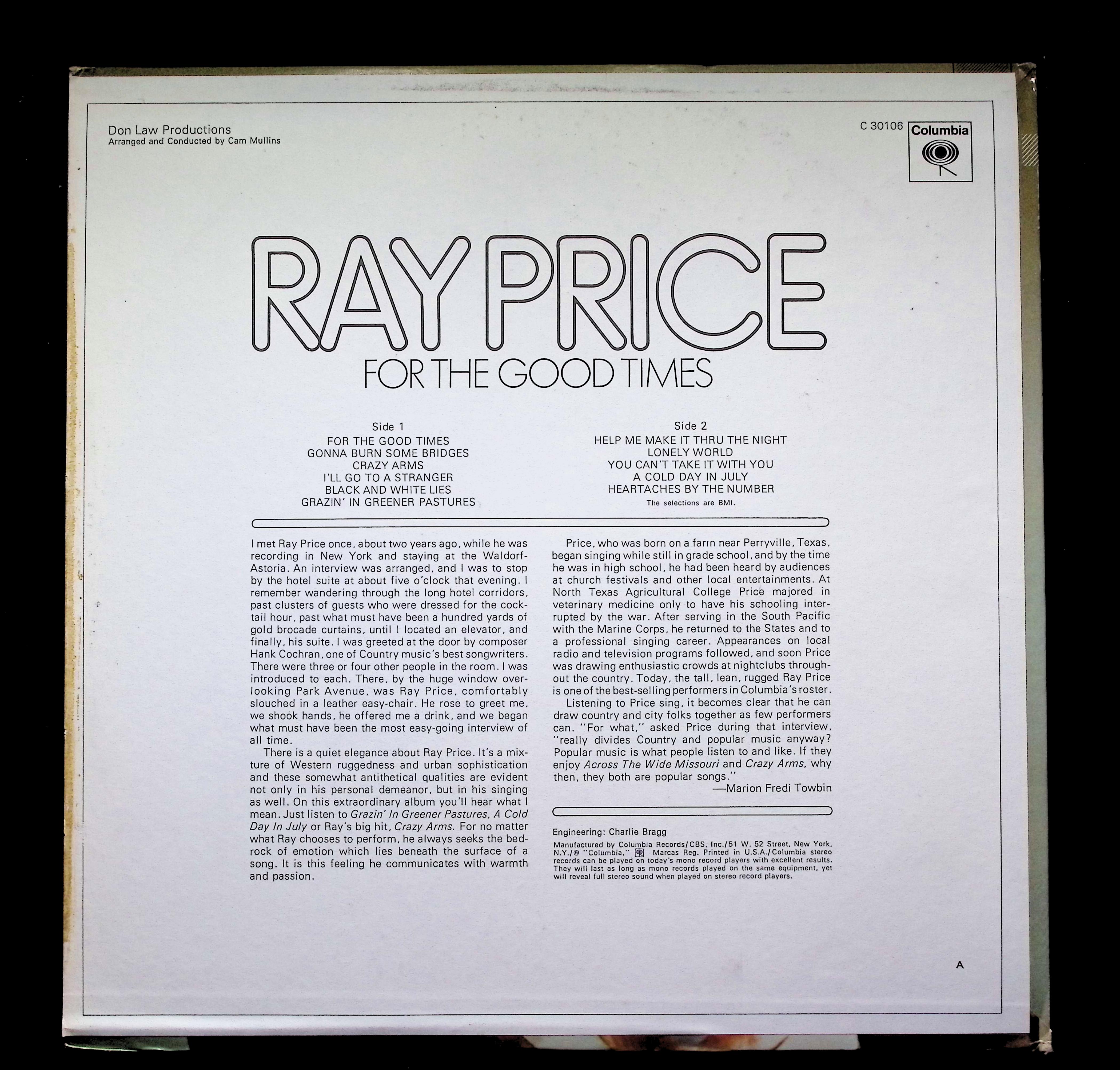 Ray Price For The Good Times LP 1970 C 30106 Folk, World, & Country — image 2