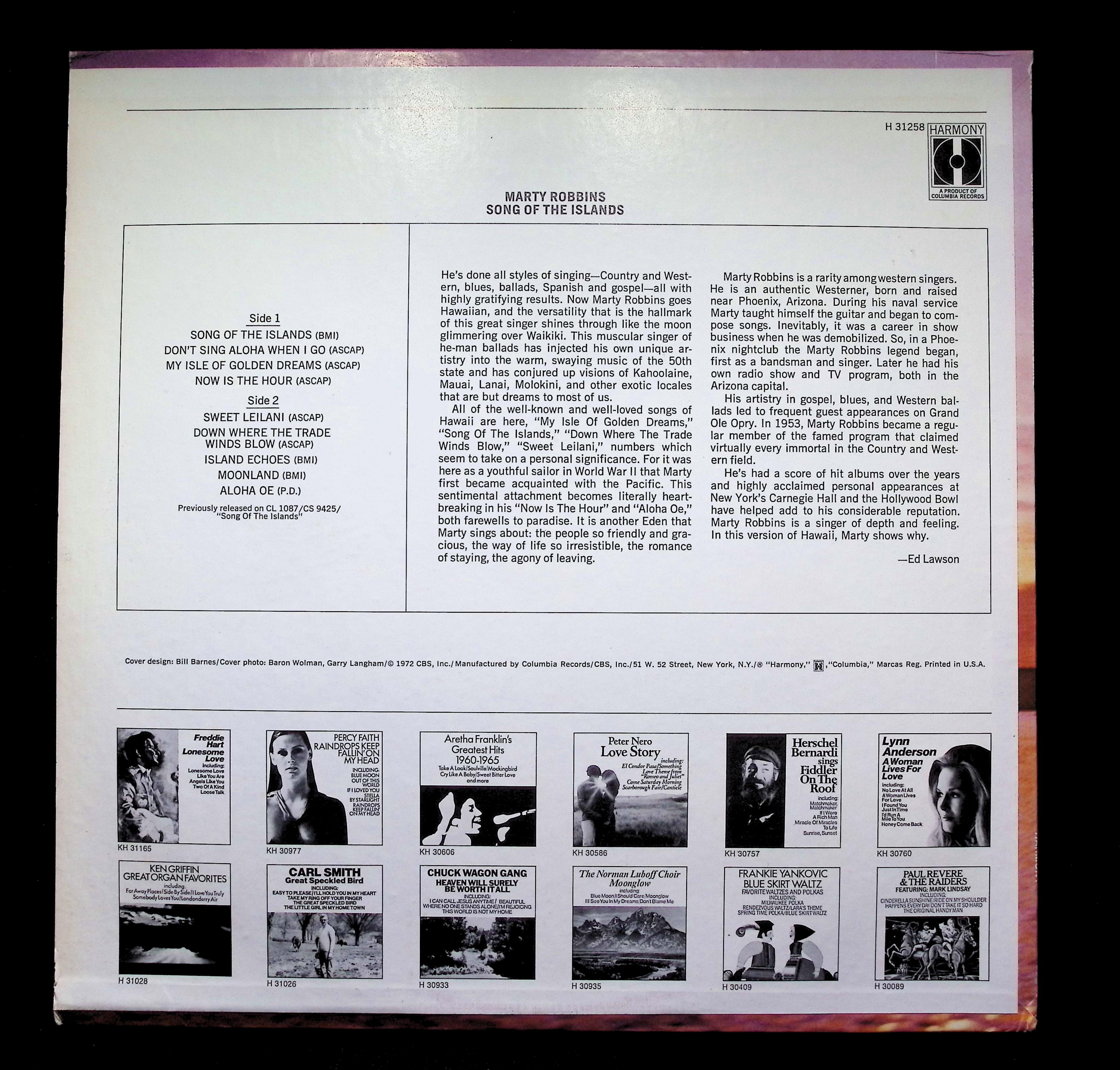 Marty Robbins Song Of The Islands LP 1972 H 31258 Folk, World, — image 2