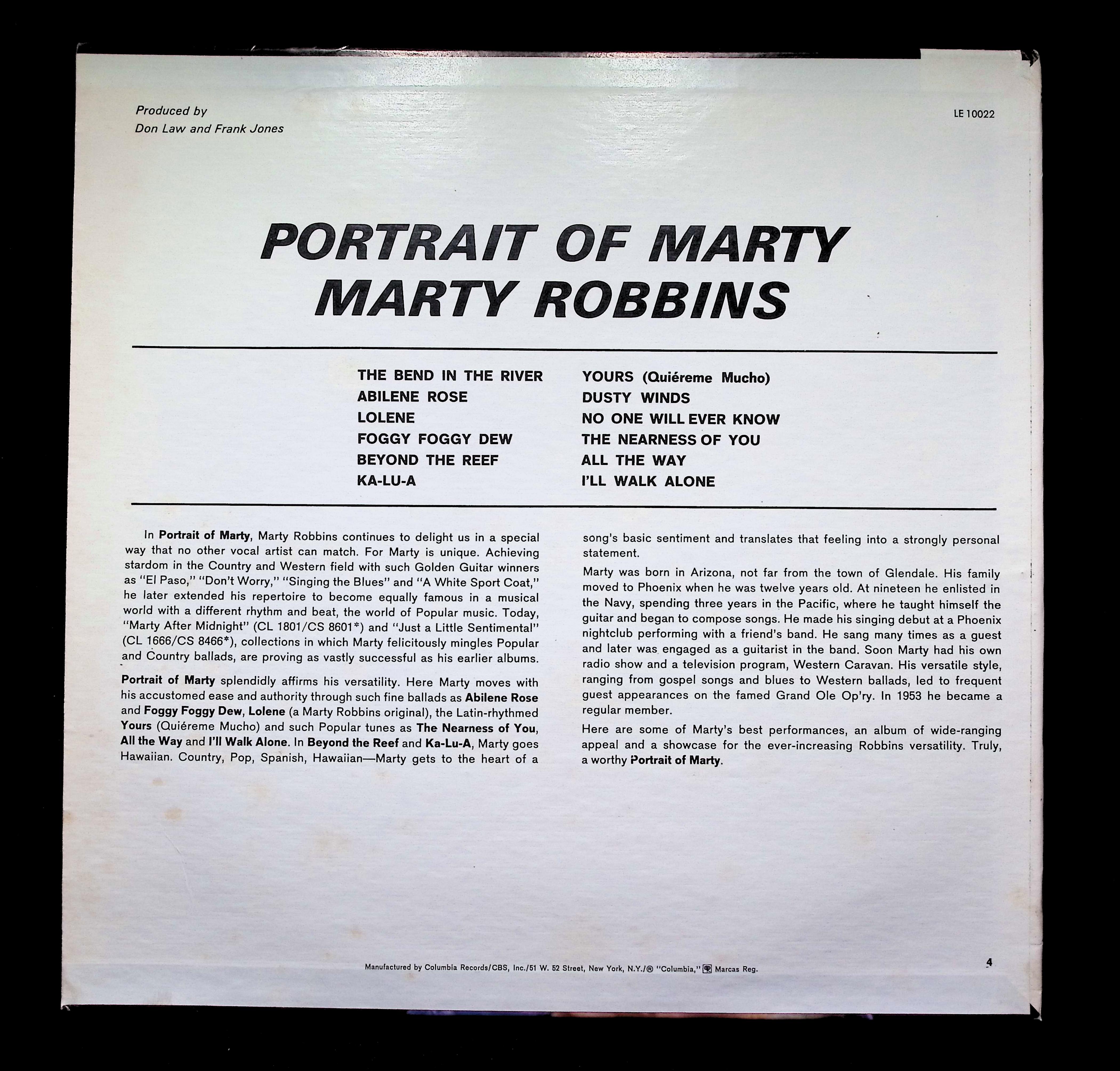 Marty Robbins Portrait Of Marty LP  LE 10022 Folk, World, & Country — image 2