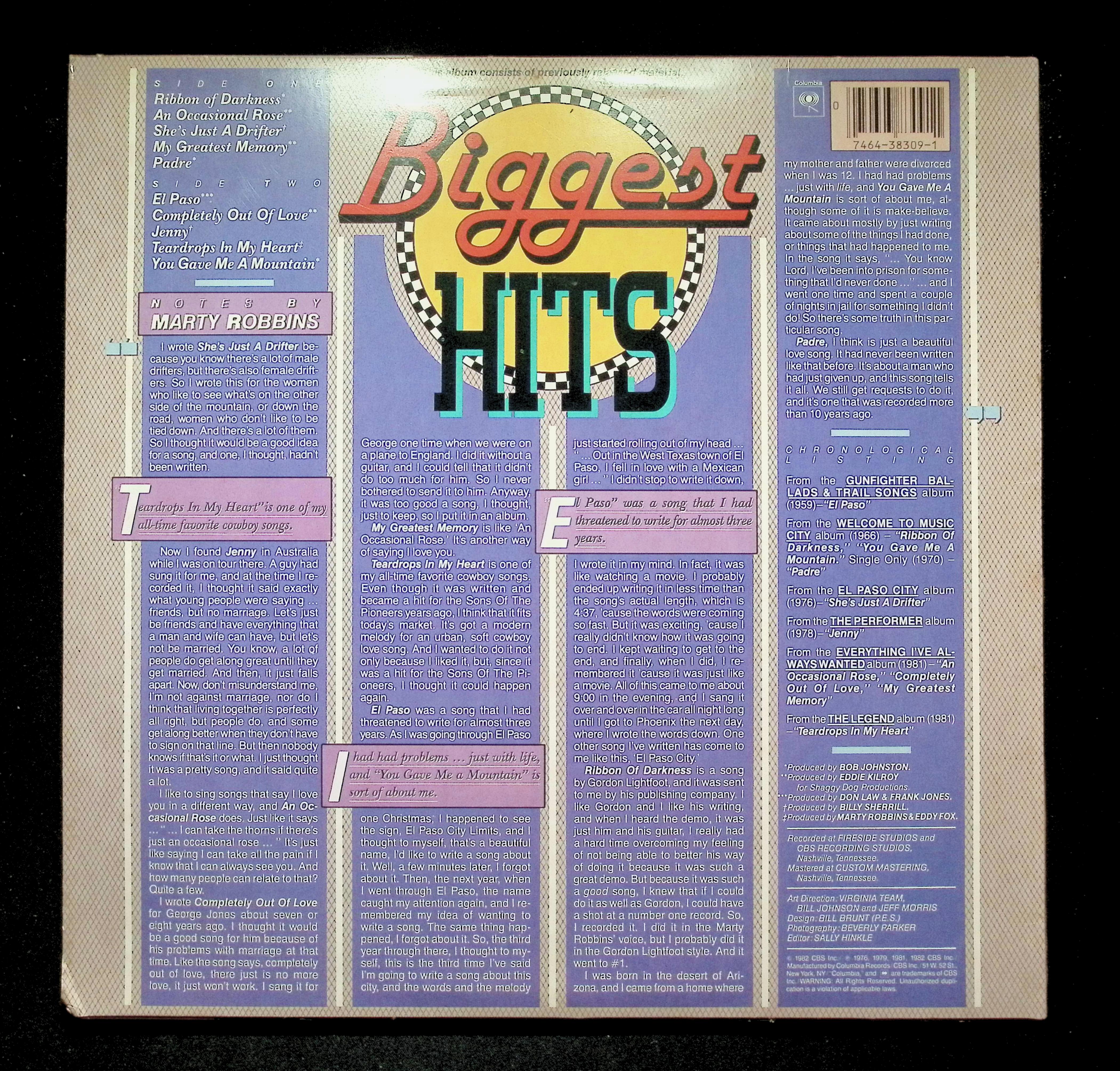 Marty Robbins Biggest Hits LP 1982 FC 38309 Folk, World, & Country — image 2