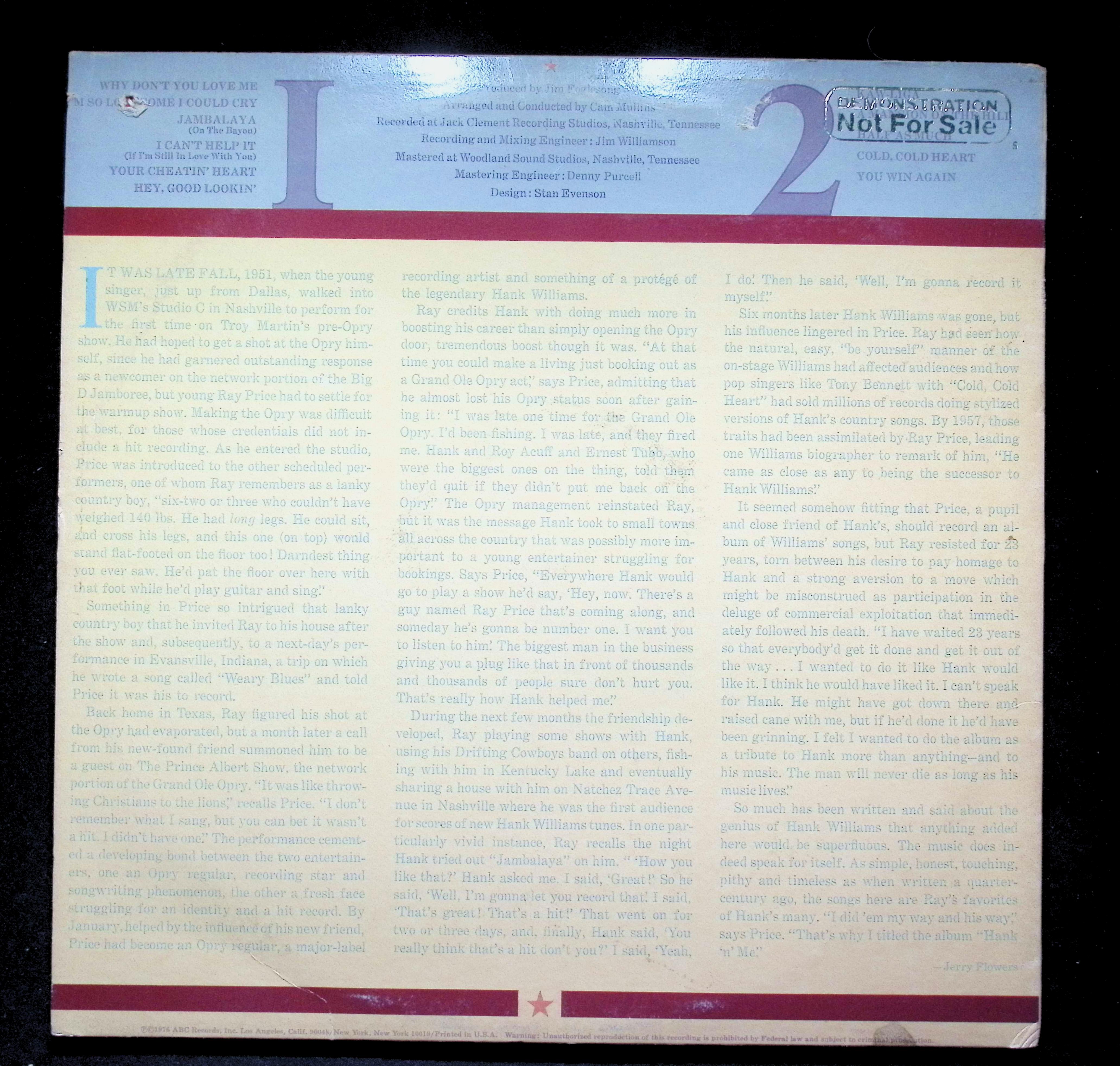 Ray Price Hank 'N' Me LP 1976 DOSD-2062 Folk, World, & Country — image 2