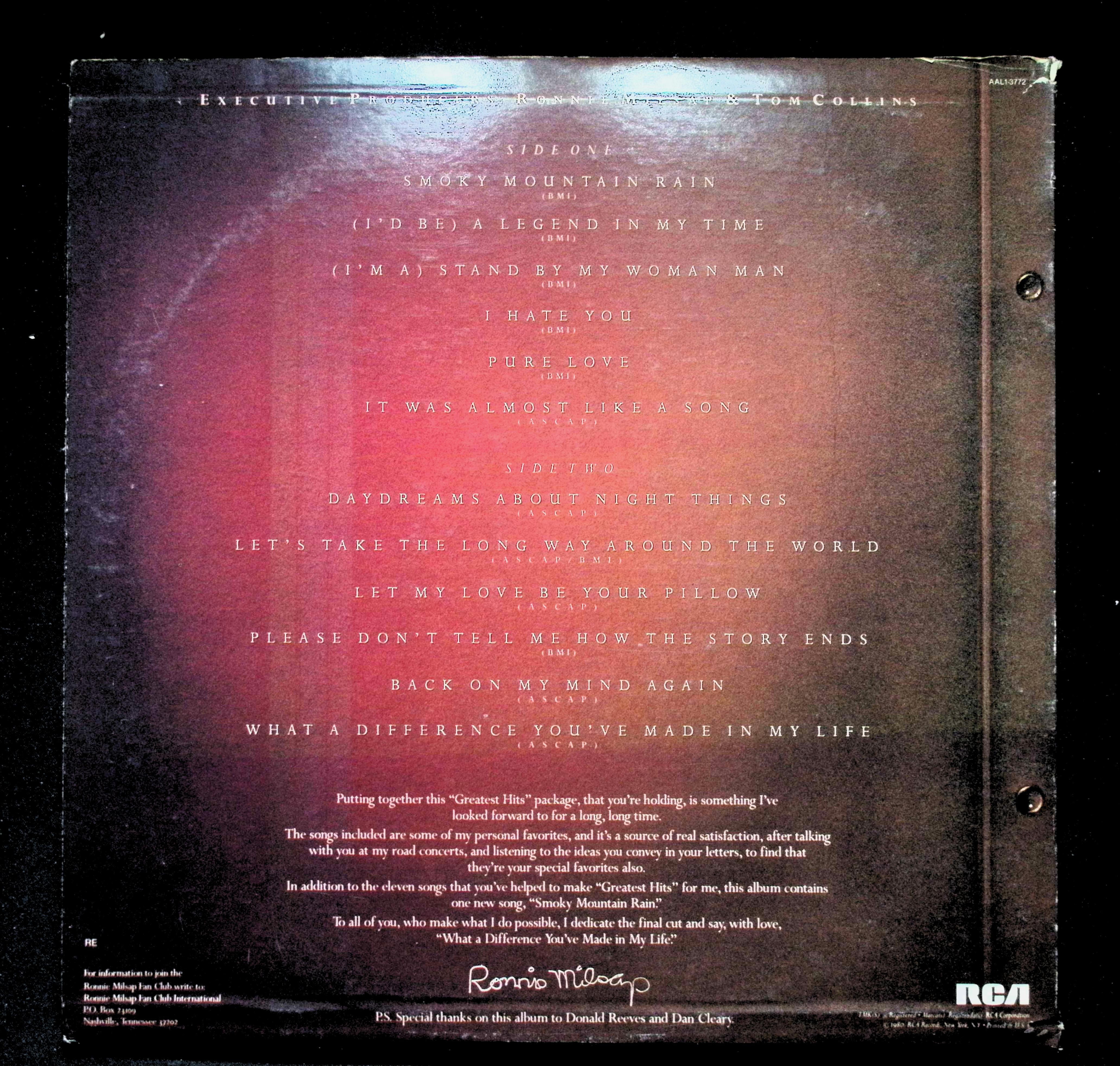 Ronnie Milsap Greatest Hits LP 1980 AAL1-3772 Folk, World, & Country — image 2