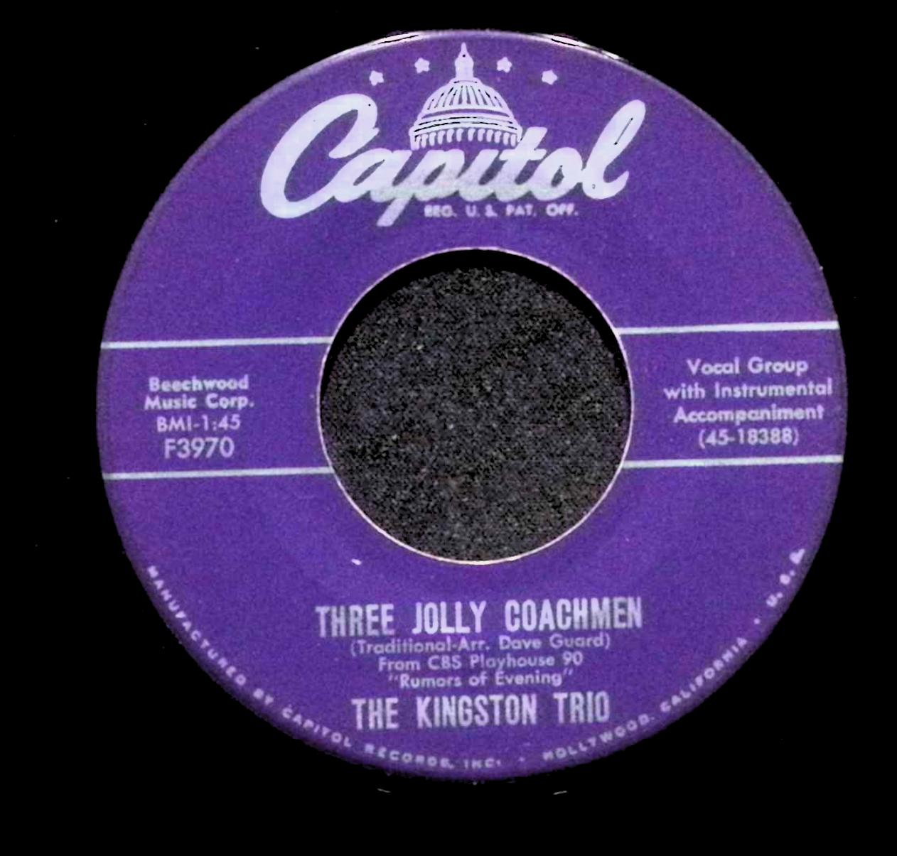 Kingston Trio Scarlet Ribbons Three Jolly Coachmen F3970 VG 45rpm Vinyl Record