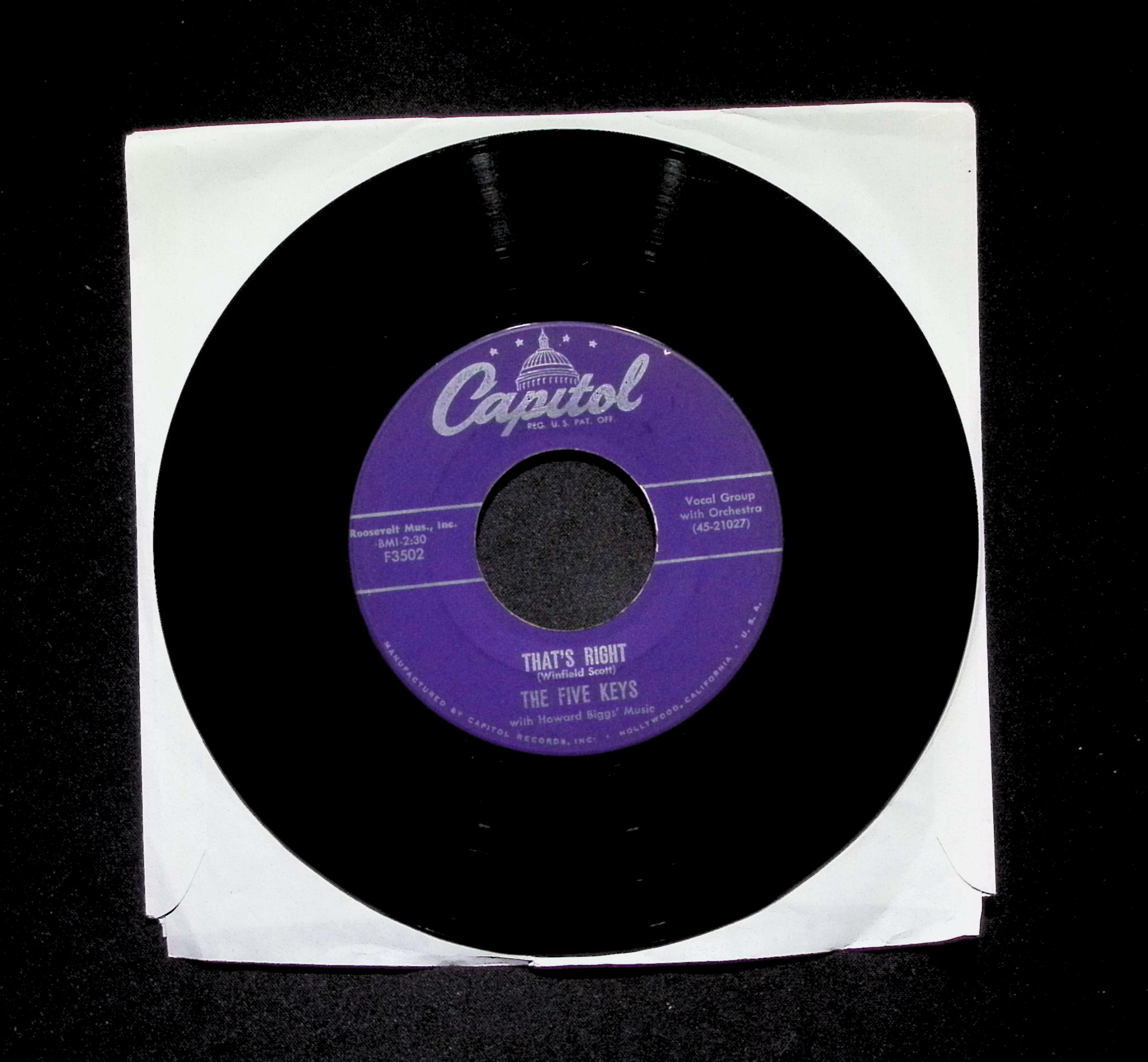 The Five Keys Out Of Sight, Out Of Mind That's Right F3502 VG 45rpm Vinyl Record — image 3
