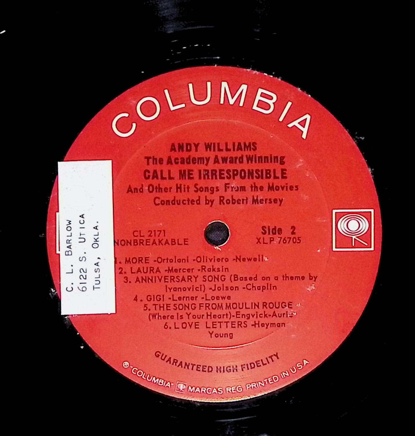 Andy Williams - Call Me Irresponsible... 12" LP 1964 CL 2171 Jazz — image 4