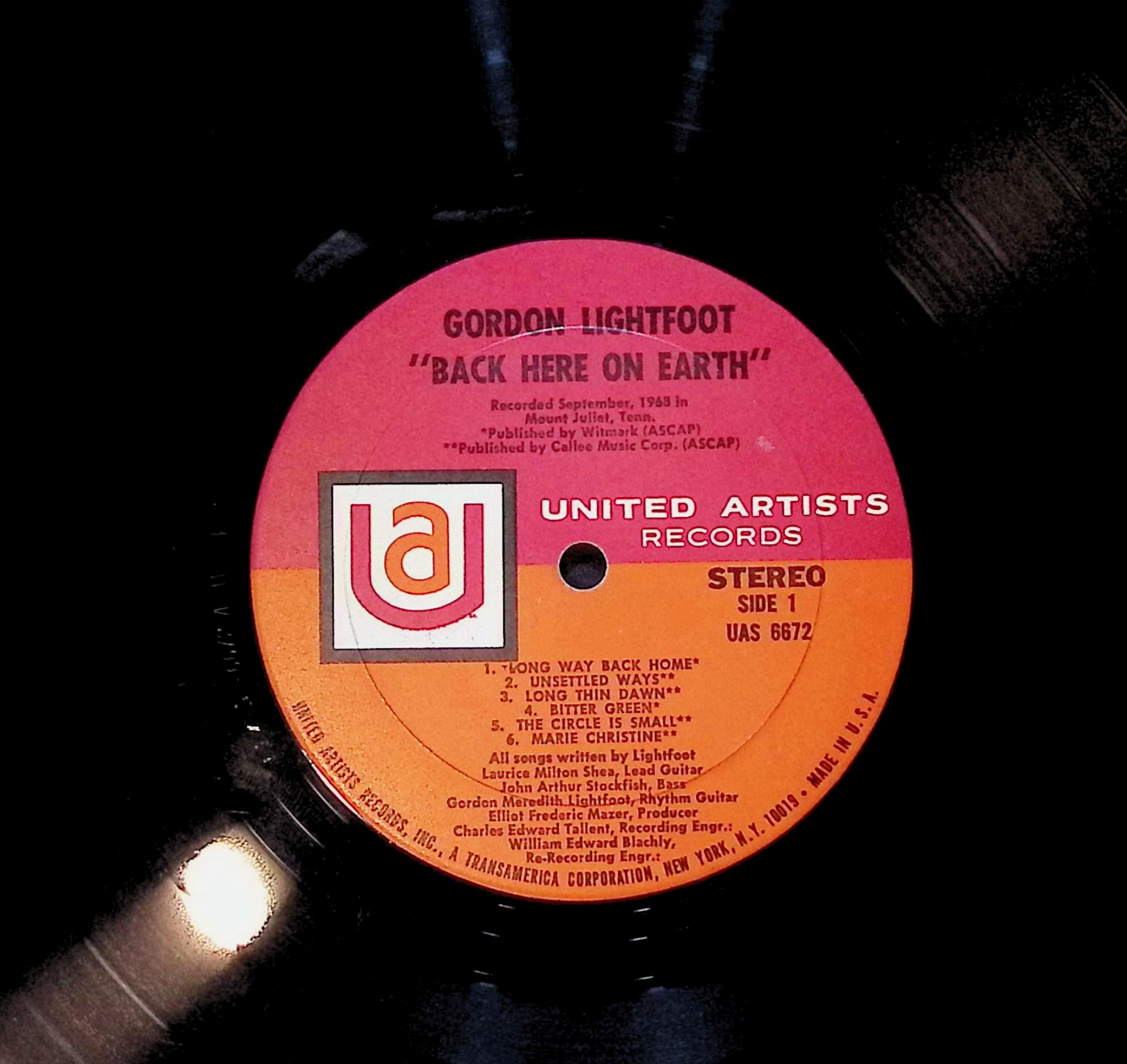 Gordon Lightfoot Back Here On Earth 12" LP 0 UAS 6672 Rock — image 2