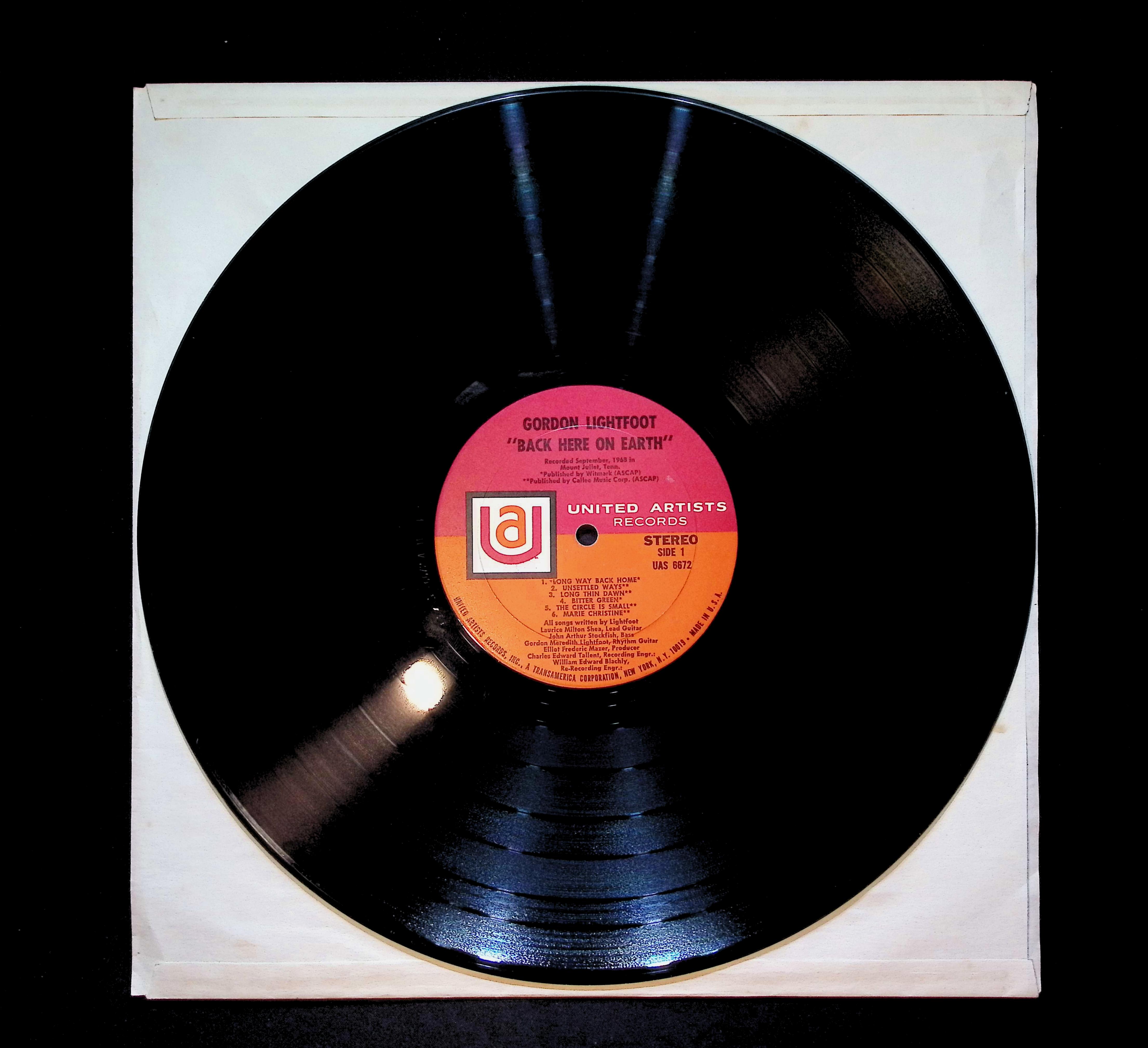 Gordon Lightfoot Back Here On Earth 12" LP 0 UAS 6672 Rock — image 3