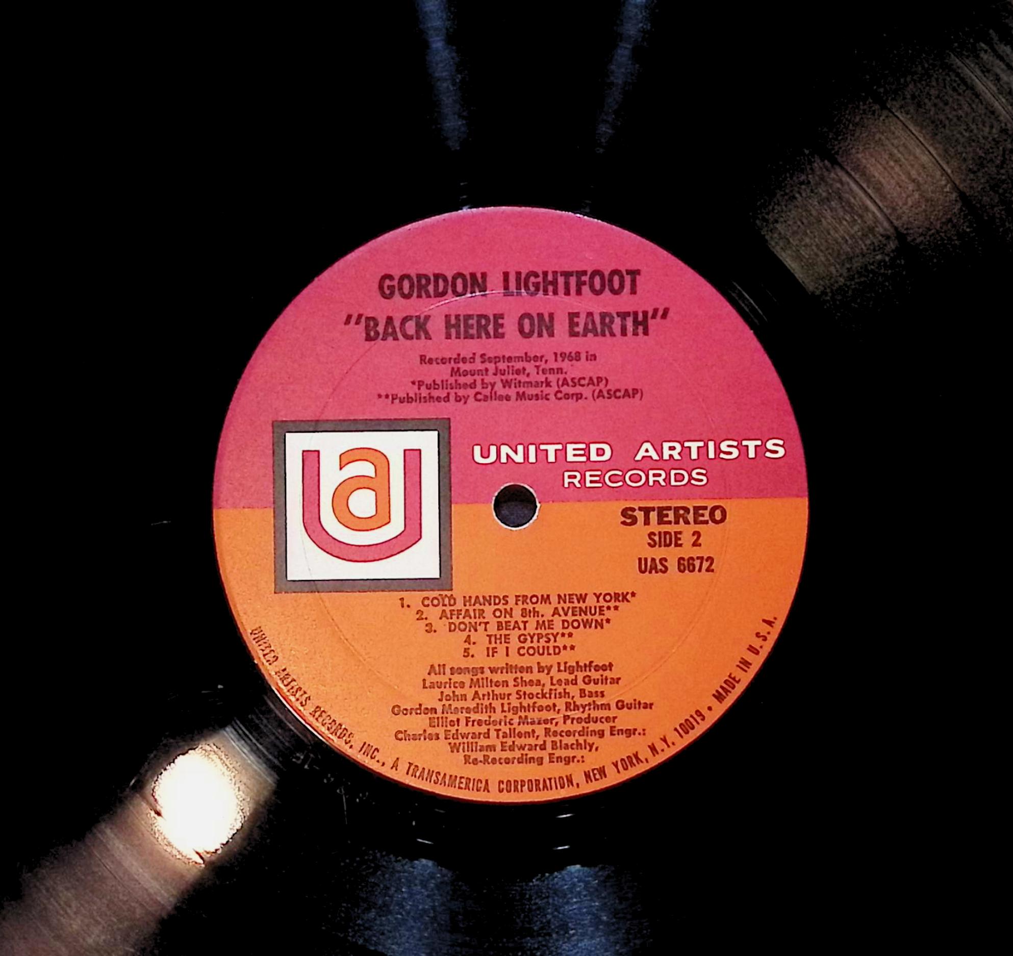 Gordon Lightfoot Back Here On Earth 12" LP 0 UAS 6672 Rock — image 4