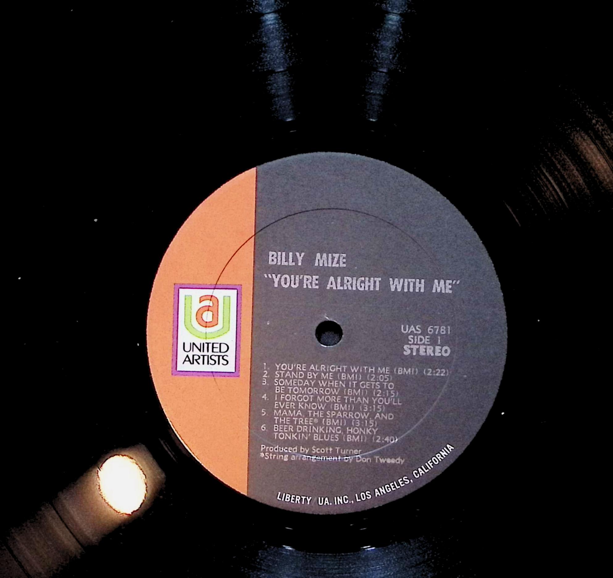 Billy Mize You're Alright With Me 12" LP 1971 UAS-6781 Folk, World, & Country — image 2