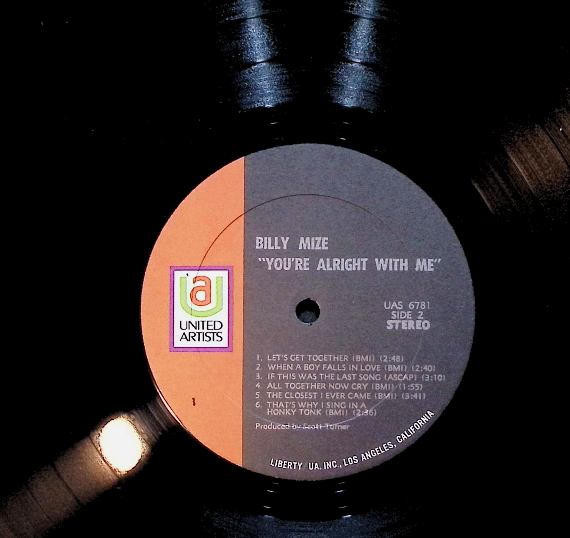 Billy Mize You're Alright With Me 12" LP 1971 UAS-6781 Folk, World, & Country — image 4