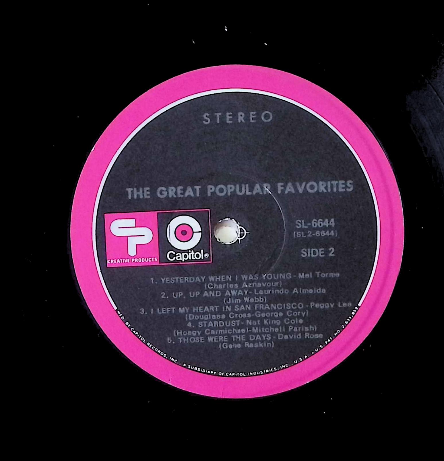 Various The Great Popular Favorites 12" LP 1969 SL-6644 Pop — image 2
