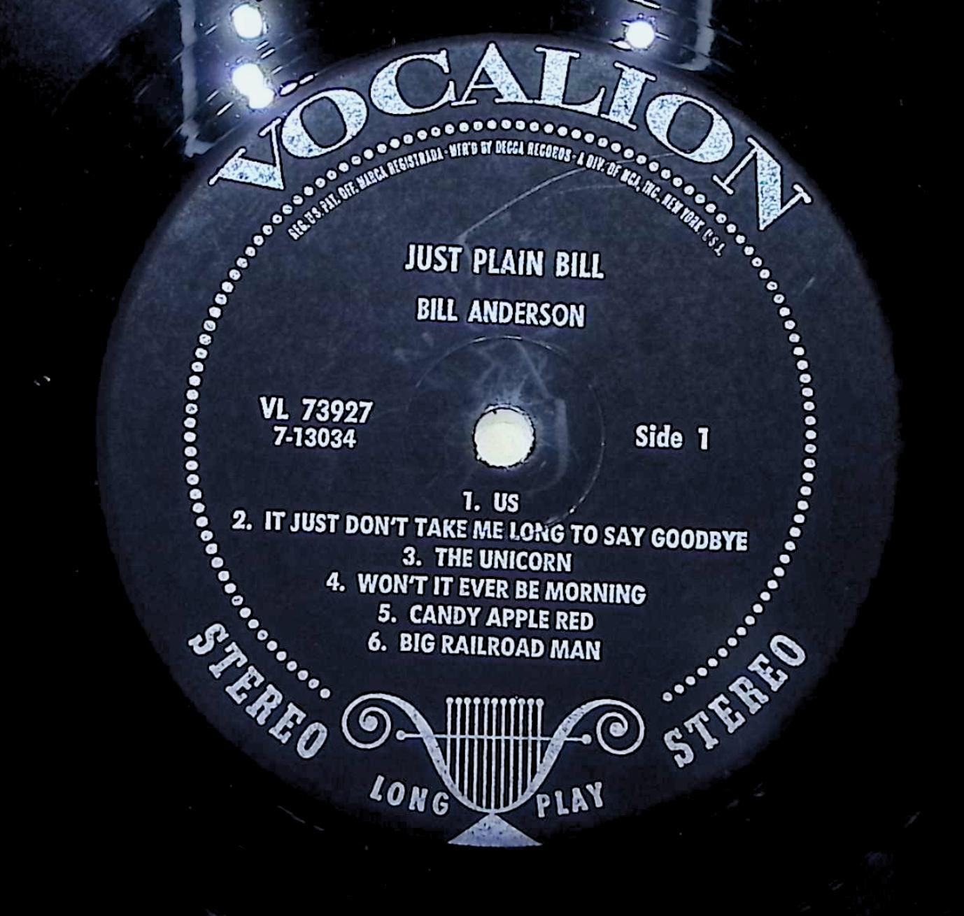 Bill Anderson (2) Just Plain Bill 12" LP 1972 VL 7-3927 Folk, World, & Country — image 2