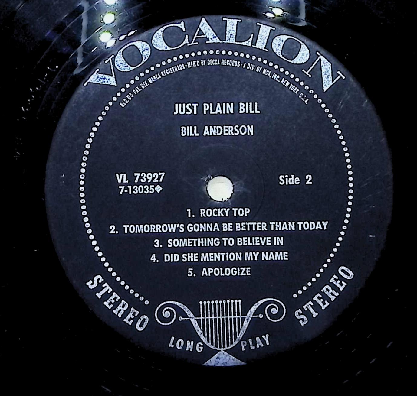Bill Anderson (2) Just Plain Bill 12" LP 1972 VL 7-3927 Folk, World, & Country — image 4