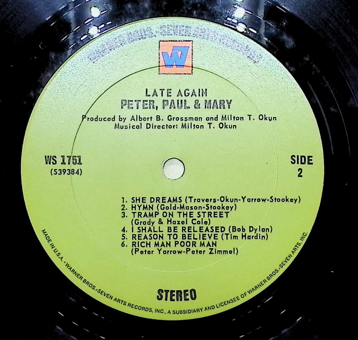 Peter, Paul & Mary-Late Again 1968 LP WS 1751 Folk, World, &Country  — image 2