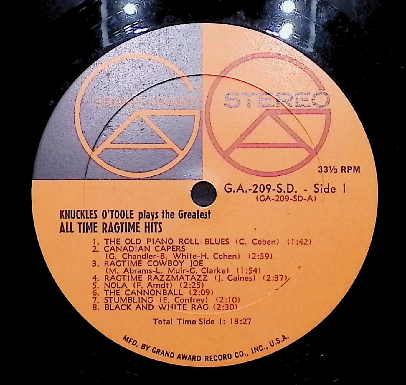 Knuckles O'Toole Knuckles O'Toole Plays The Greatest All-Time Ragtime Hits 12" LP 1960 GA 209 SD Jazz — image 4