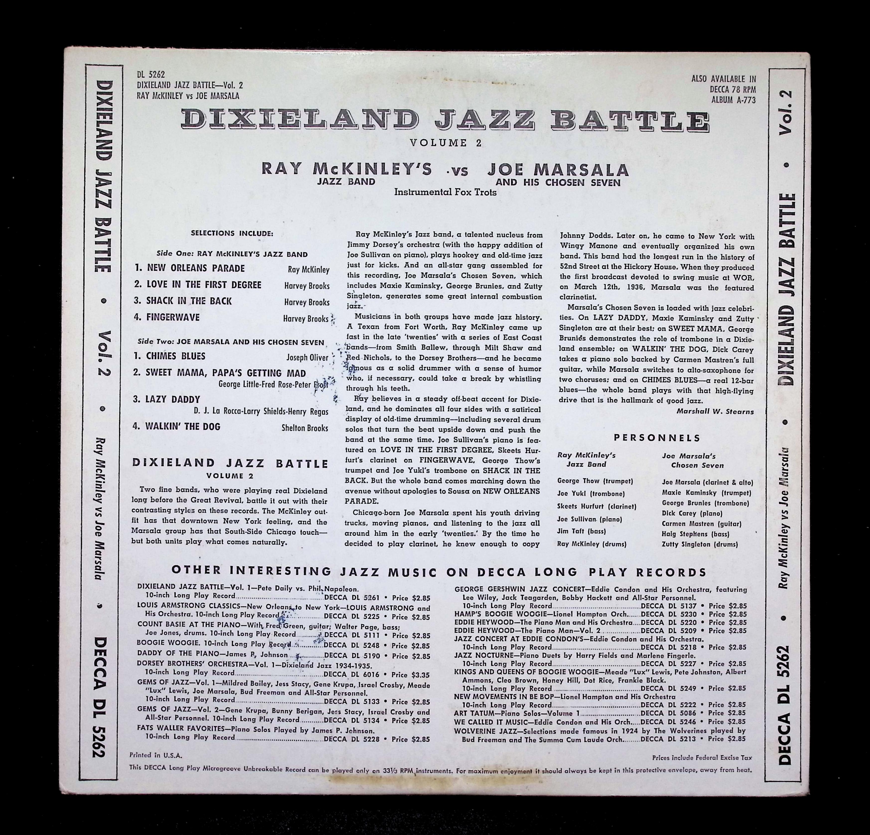 Ray McKinley Jazz Band Dixieland Jazz Battle Vol. 2 10" LP 1950 DL 5262 — image 2
